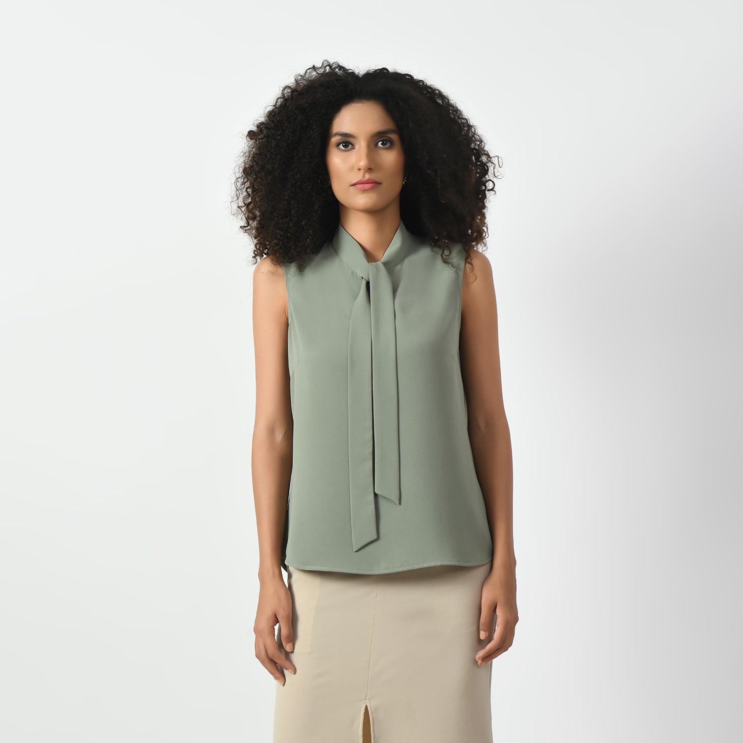 Dusty Green Sleeveless Top With Knot, sleeveless top, top with the knot, green tops for women, tops with knots for women, office wear tops , stylish formal tops , best tops for work, stylish work tops , trendy tops for women ,modern tops for office, formal tops for women, tops for women stylish