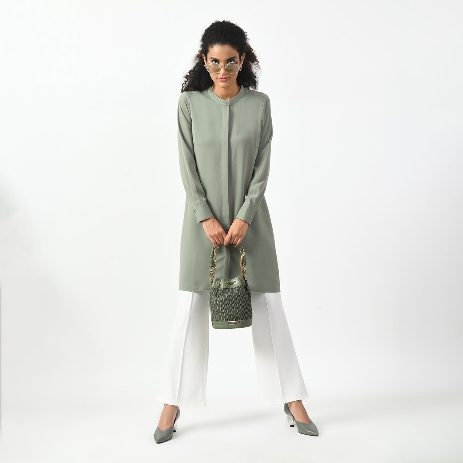 Dusty Green Tunic With Mandarin Collar,dress for women, stylish dress for women, tunic for women dress, office wear women, best tupic, green tupics, mandarin collar tunic, dusty green tunic