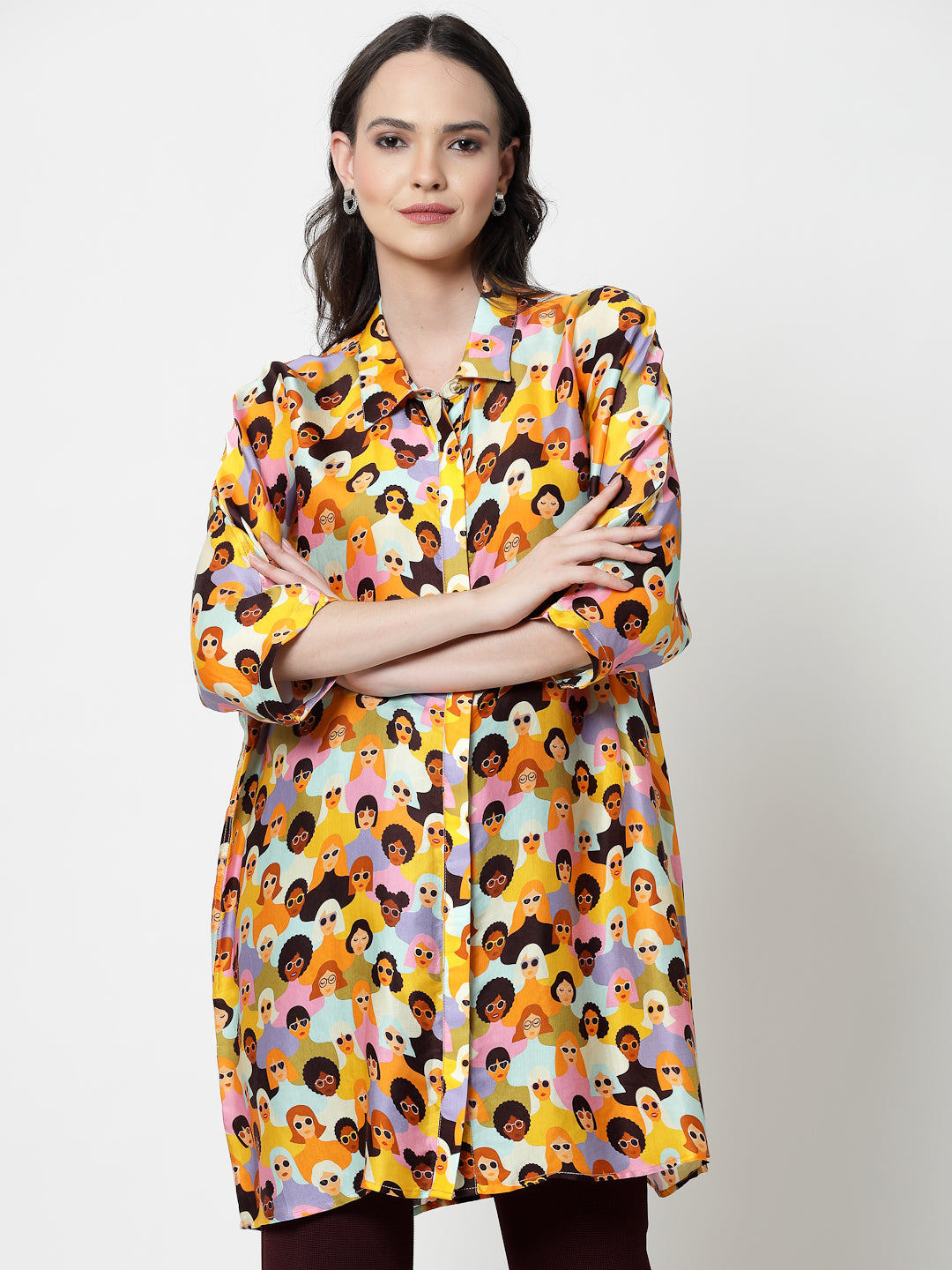 Face Print Long Shirt,Formal Shirts for Women - Perfect for Office Wear