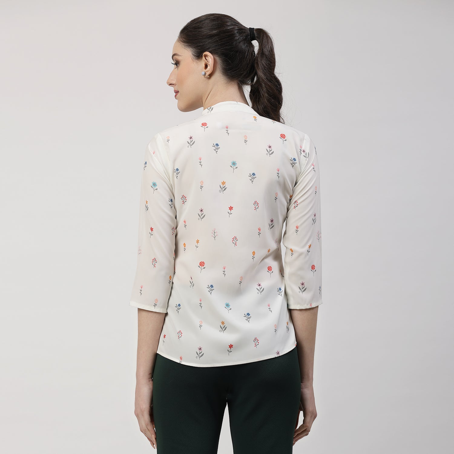 Cream Floral Printed Shirt With Mandarin Collar