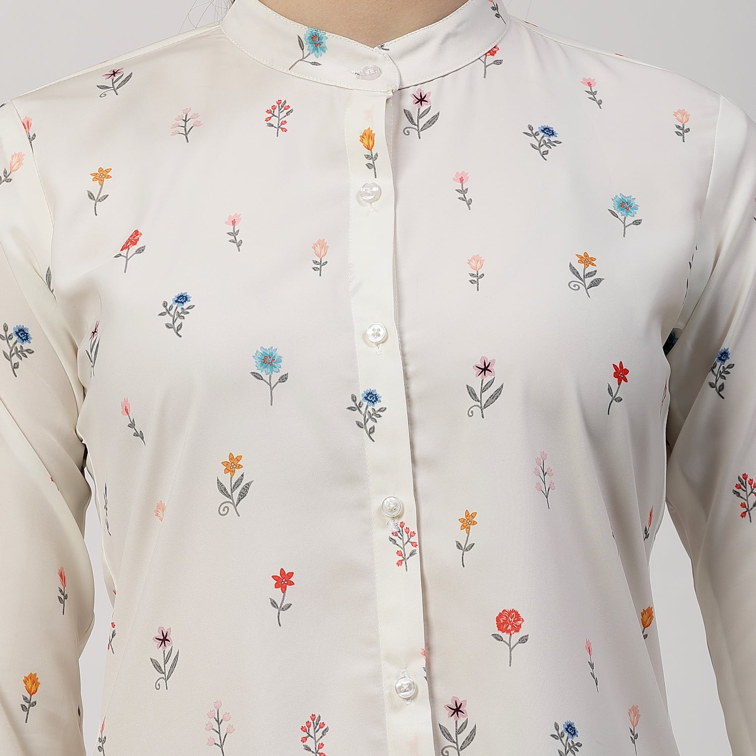 Cream Floral Printed Shirt With Mandarin Collar