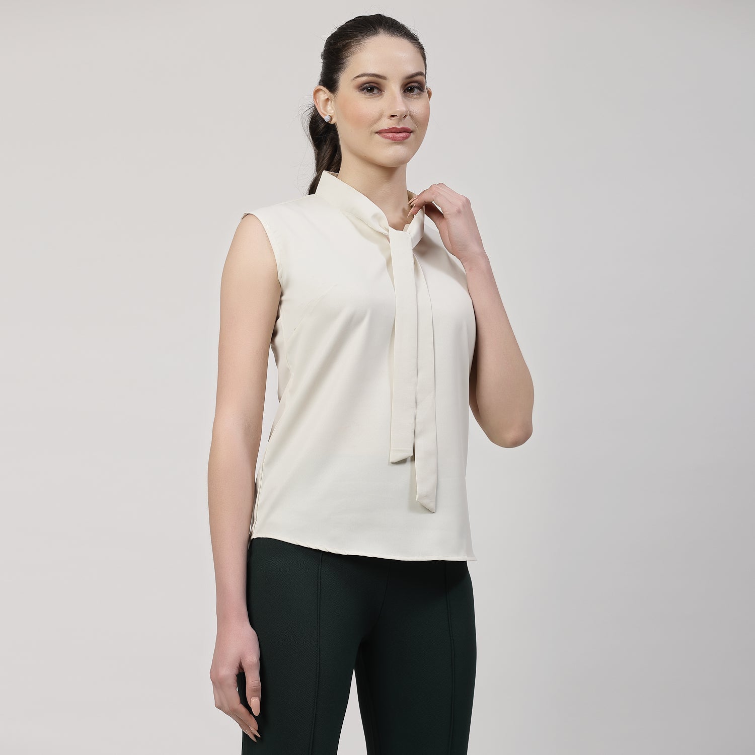 Cream Sleeveless Top With Tie Knot