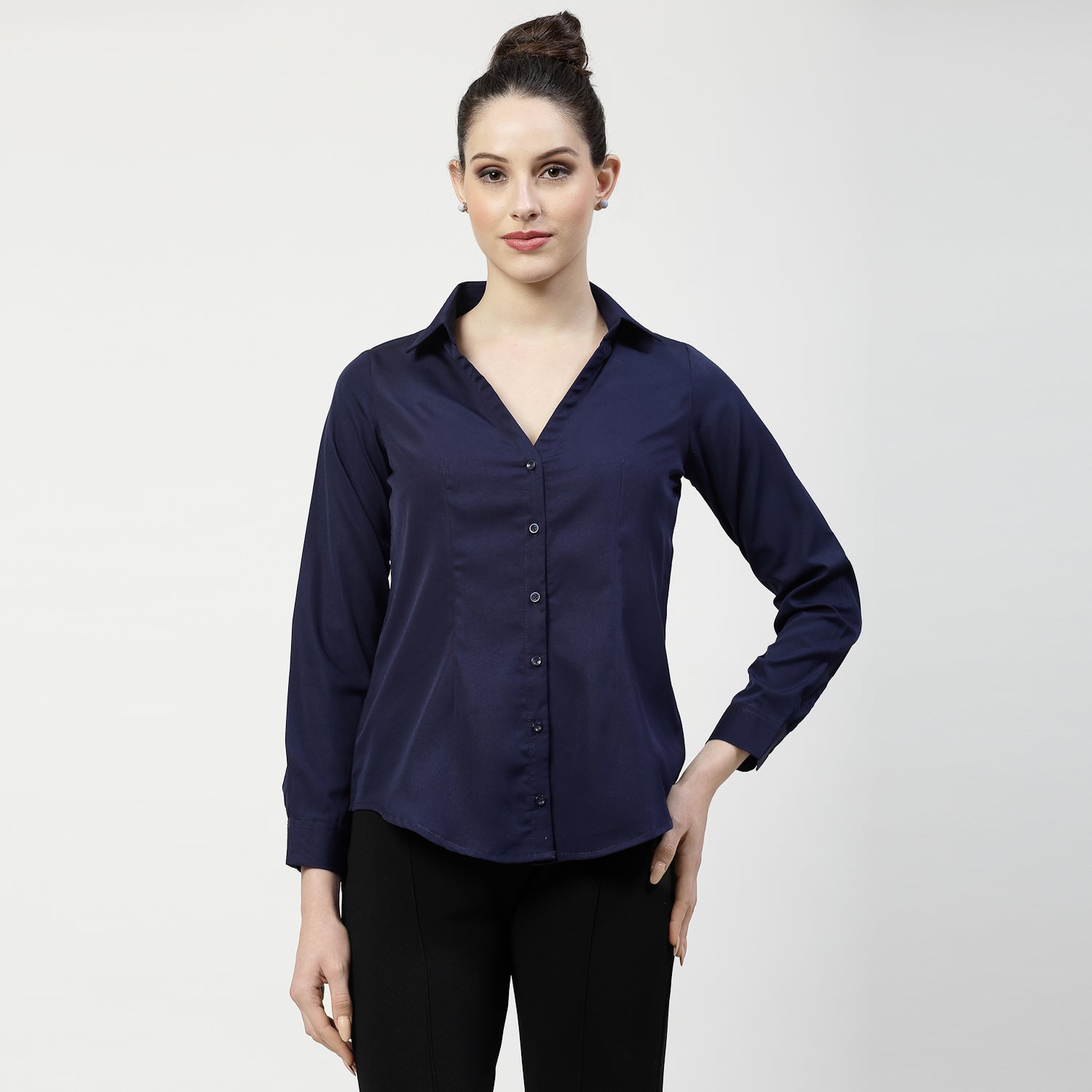 Blue V Neck Top With Collar