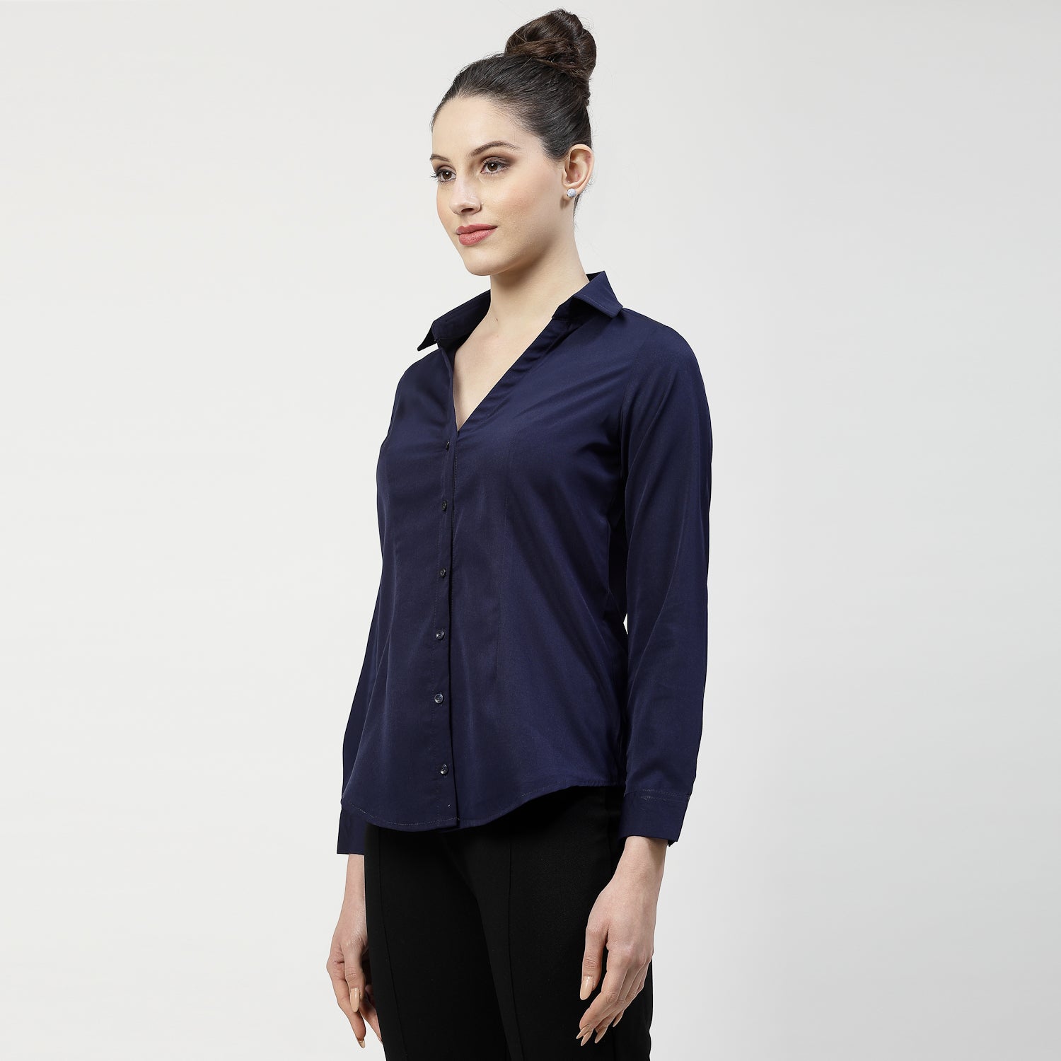 Blue V Neck Top With Collar