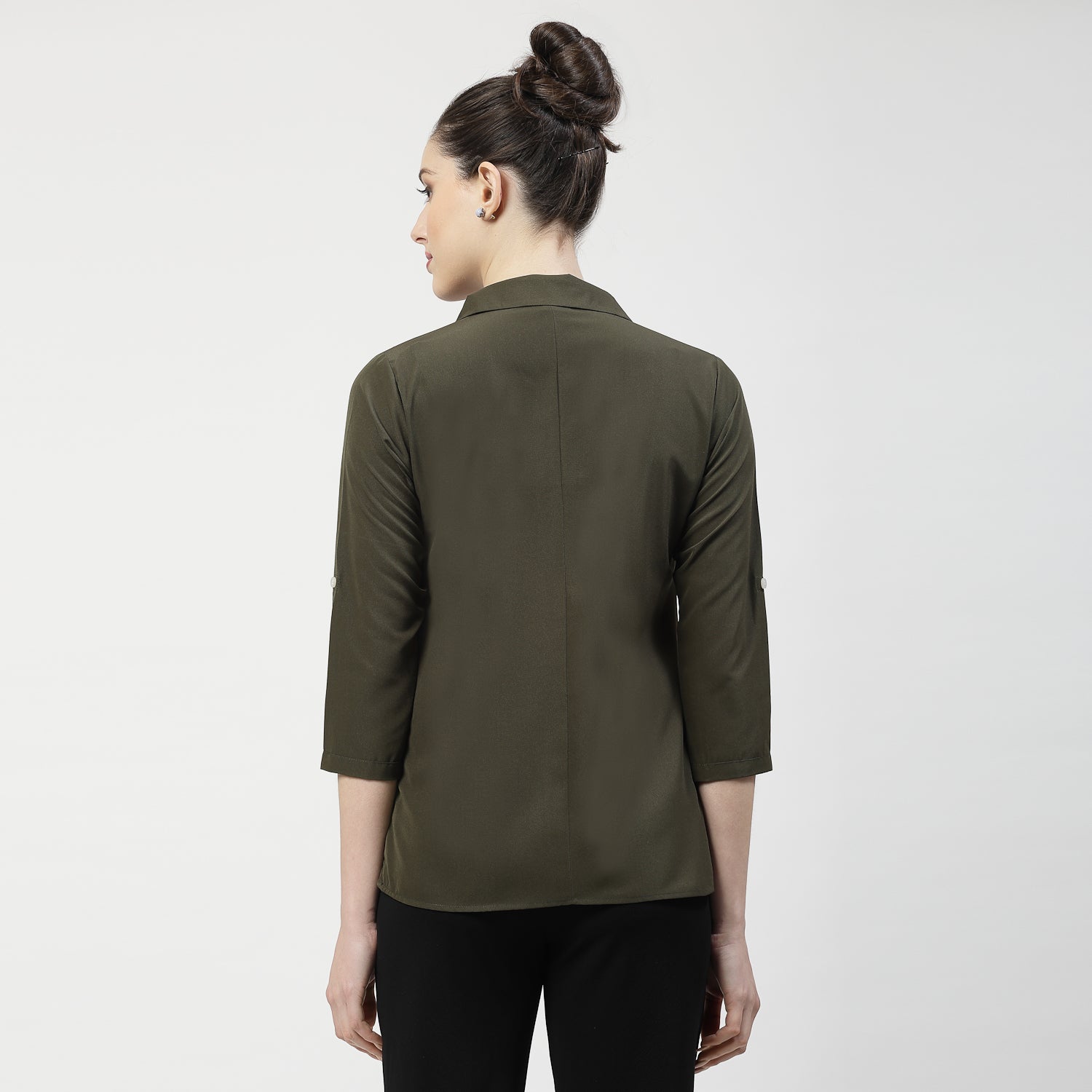 Olive V Neck Top With Collar