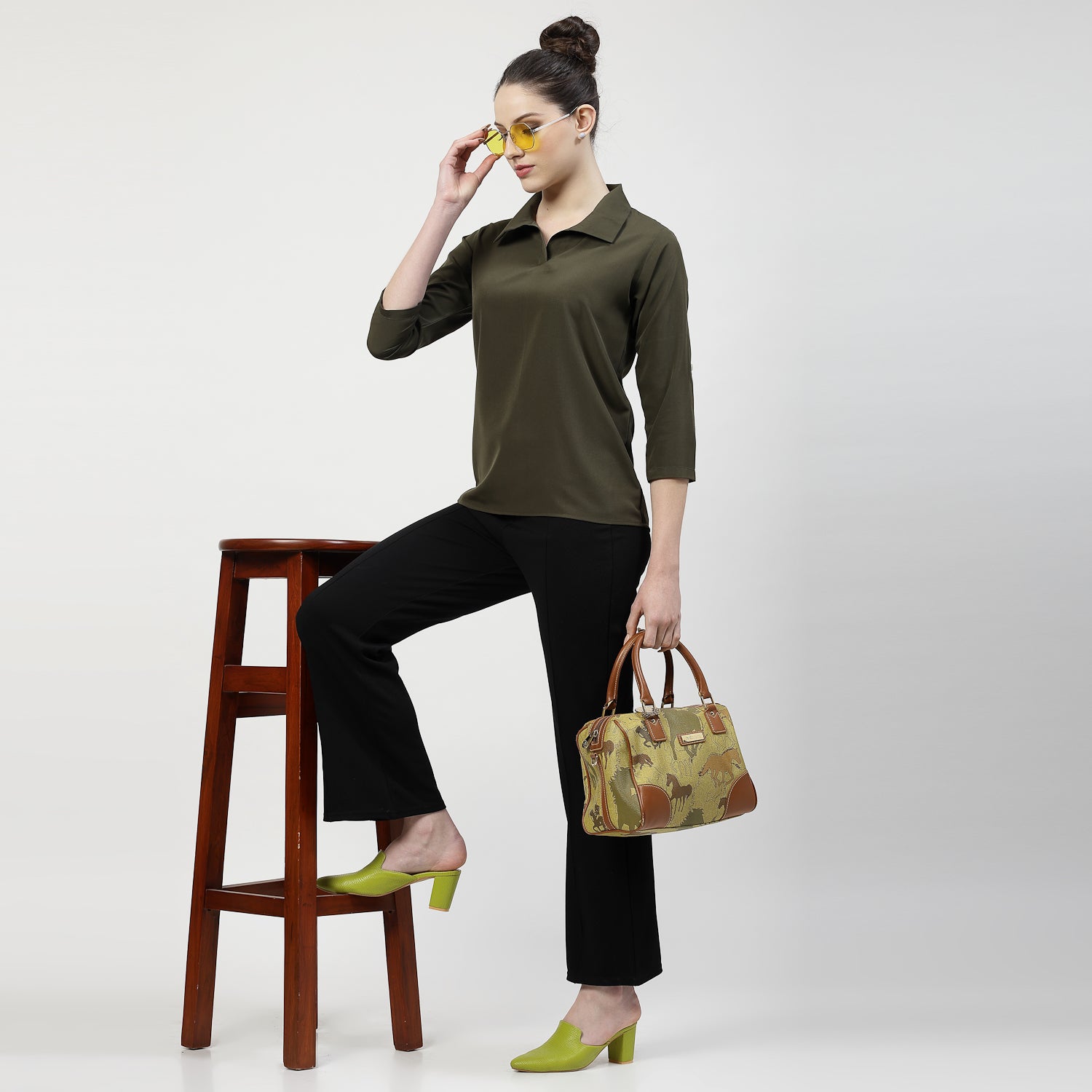 Olive V Neck Top With Collar