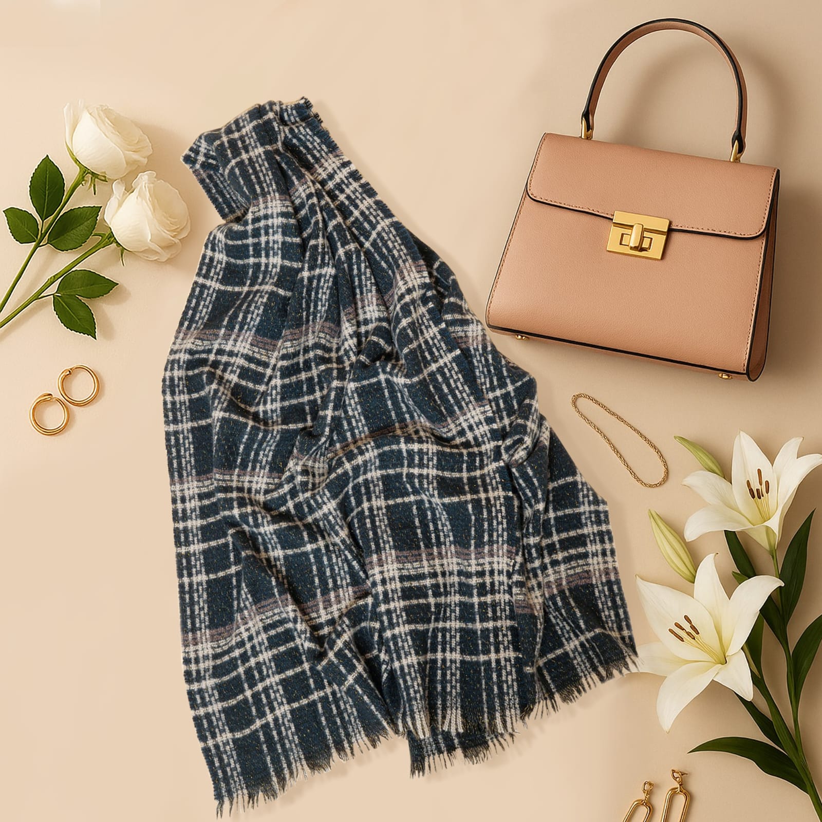 Navy Blue With White Check Stole