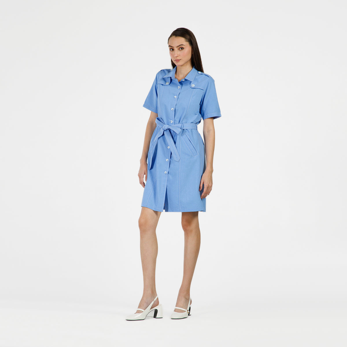 Blue Trench Coat With White Top Stitch