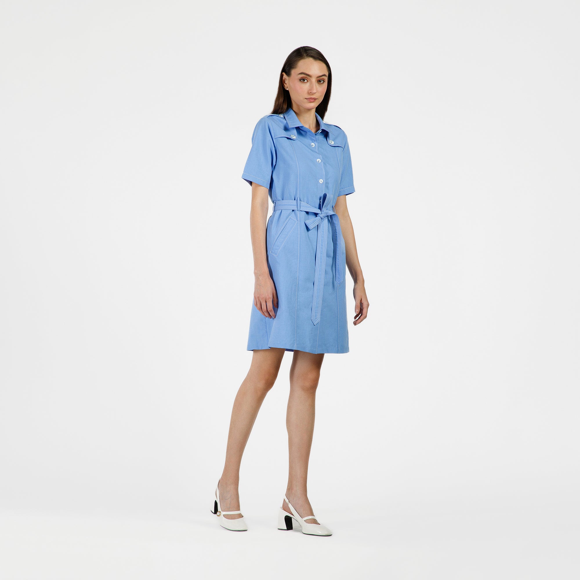 Blue Trench Coat With White Top Stitch