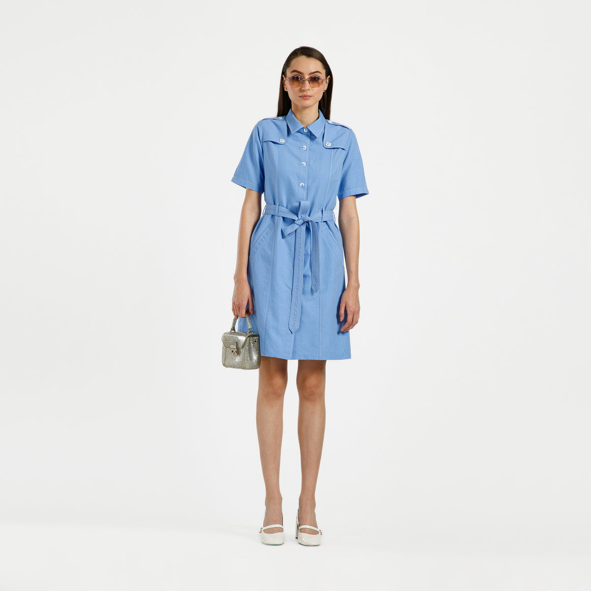 Blue Trench Coat With White Top Stitch