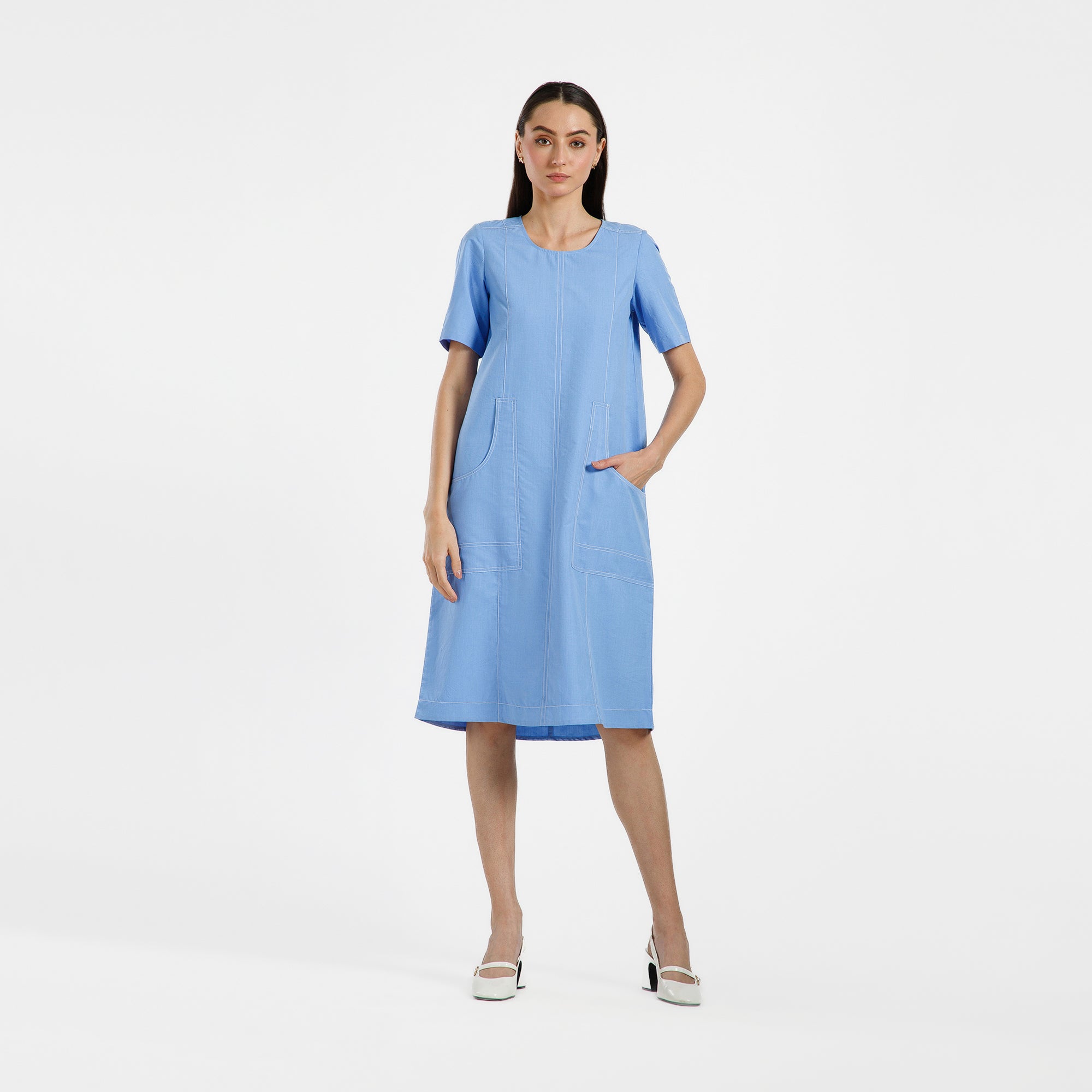 Blue Dress With White Top Stitch
