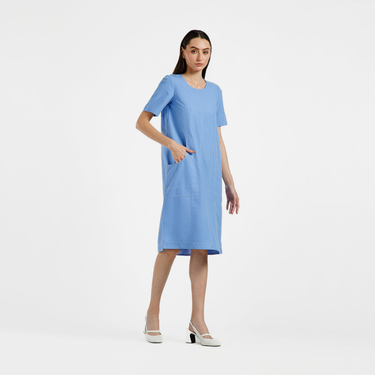Blue Dress With White Top Stitch