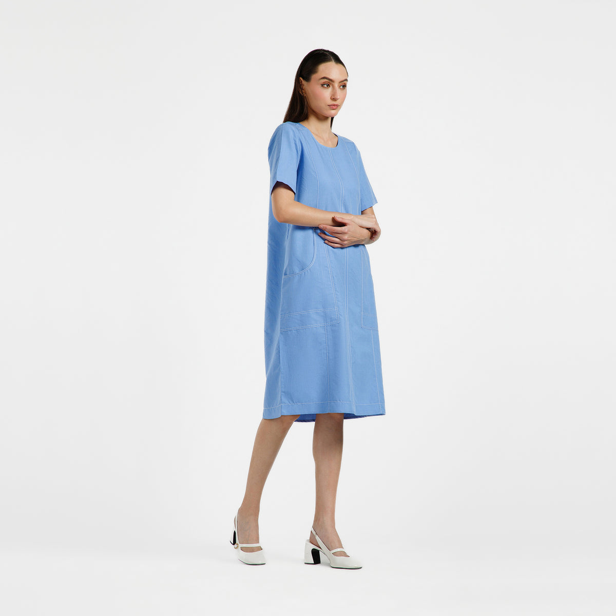 Blue Dress With White Top Stitch