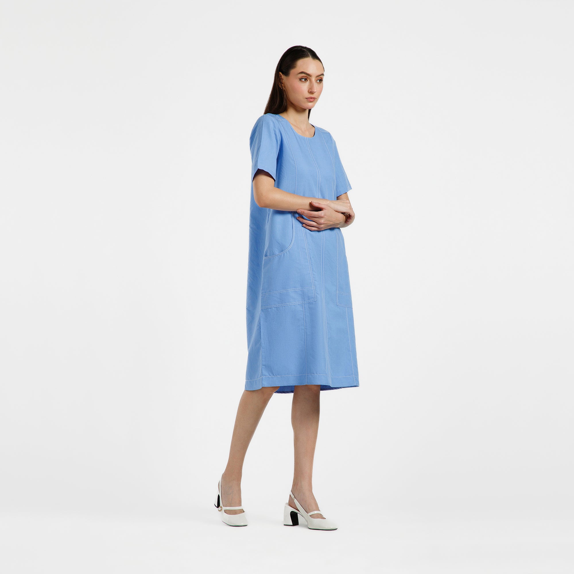 Blue Dress With White Top Stitch