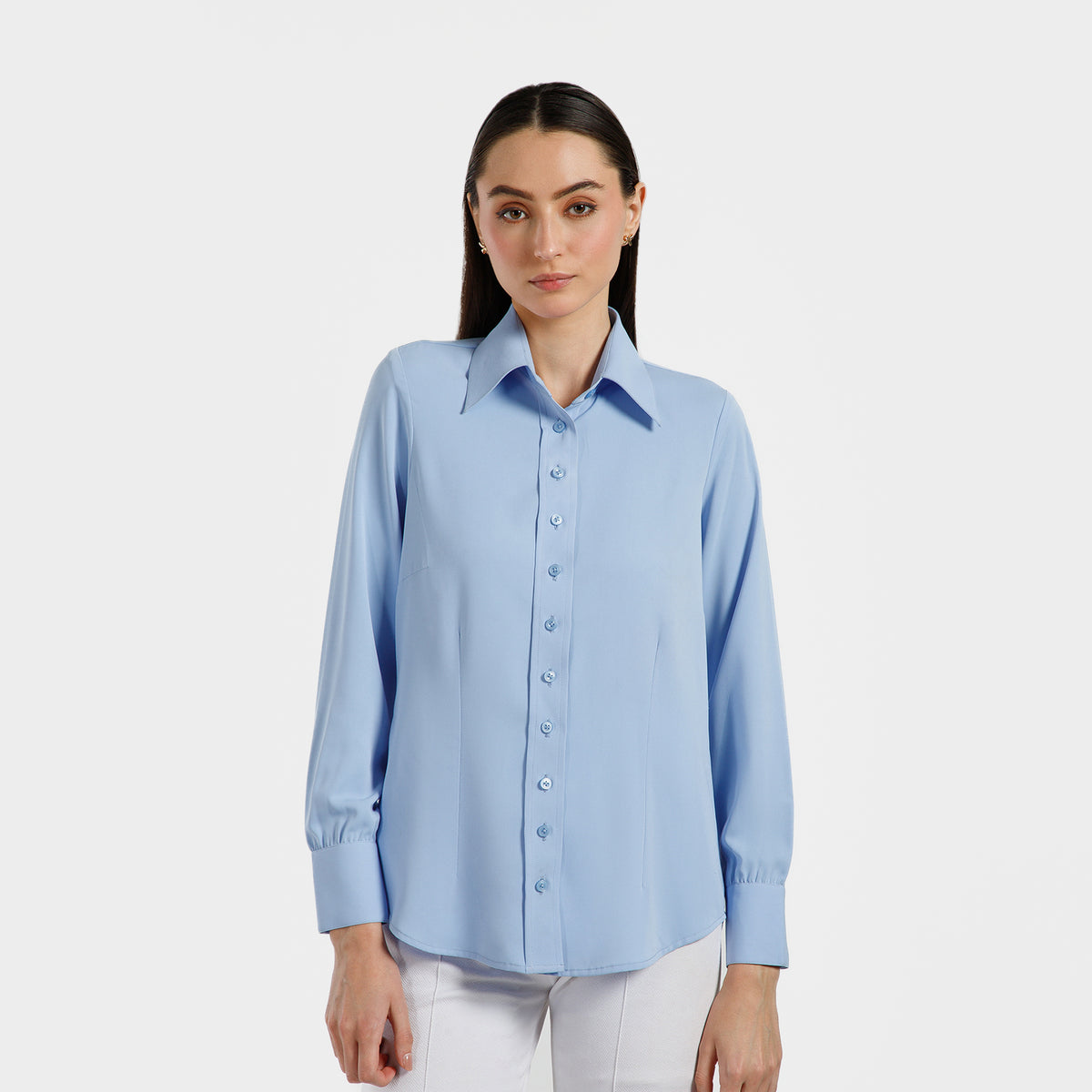 Blue Crepe Stand Up Collar Shirt