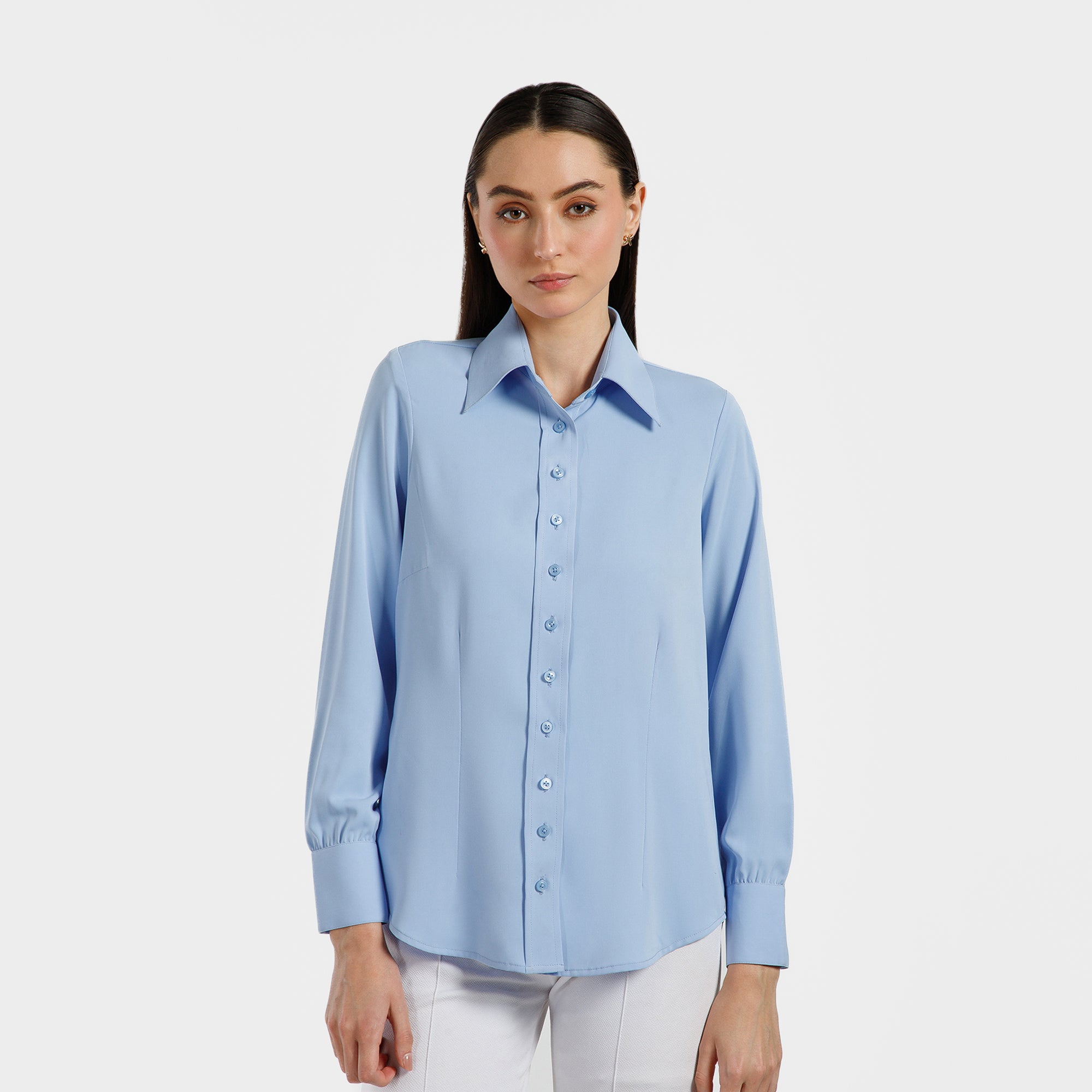 Blue Crepe Stand Up Collar Shirt