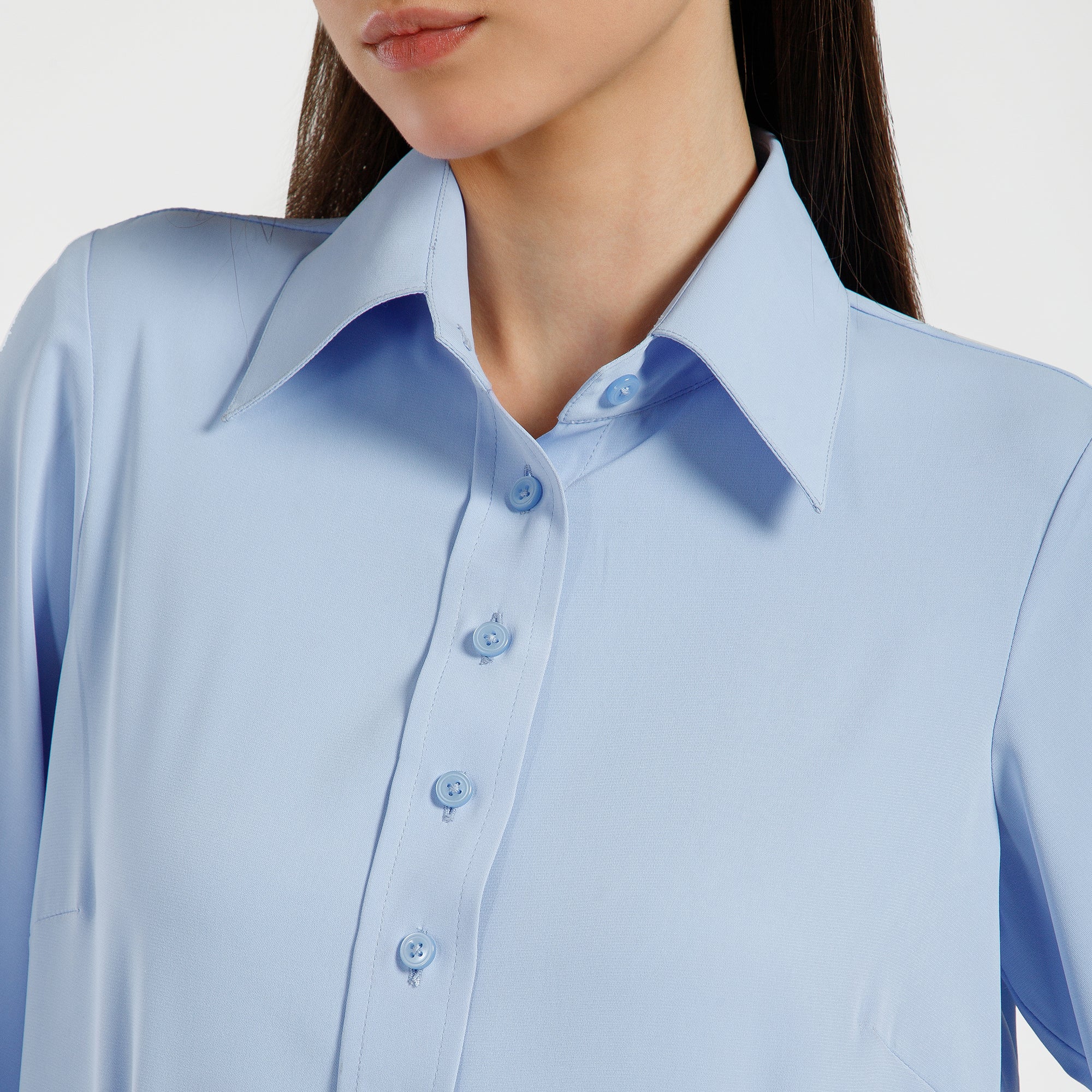 Blue Crepe Stand Up Collar Shirt