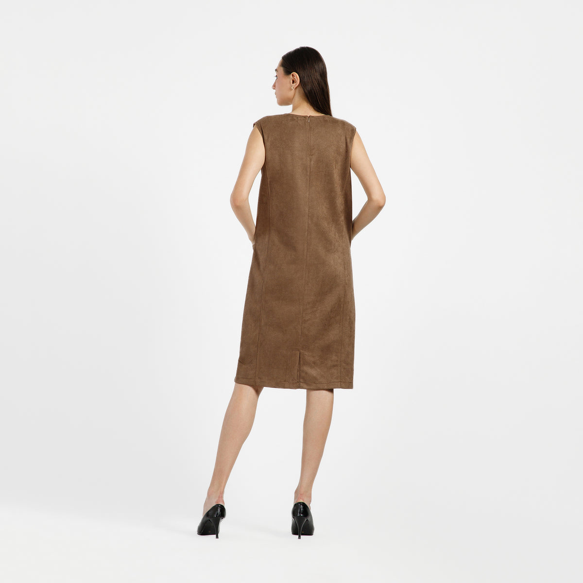 Brown Suede Dress With Pocket Top Stitch With Pocket