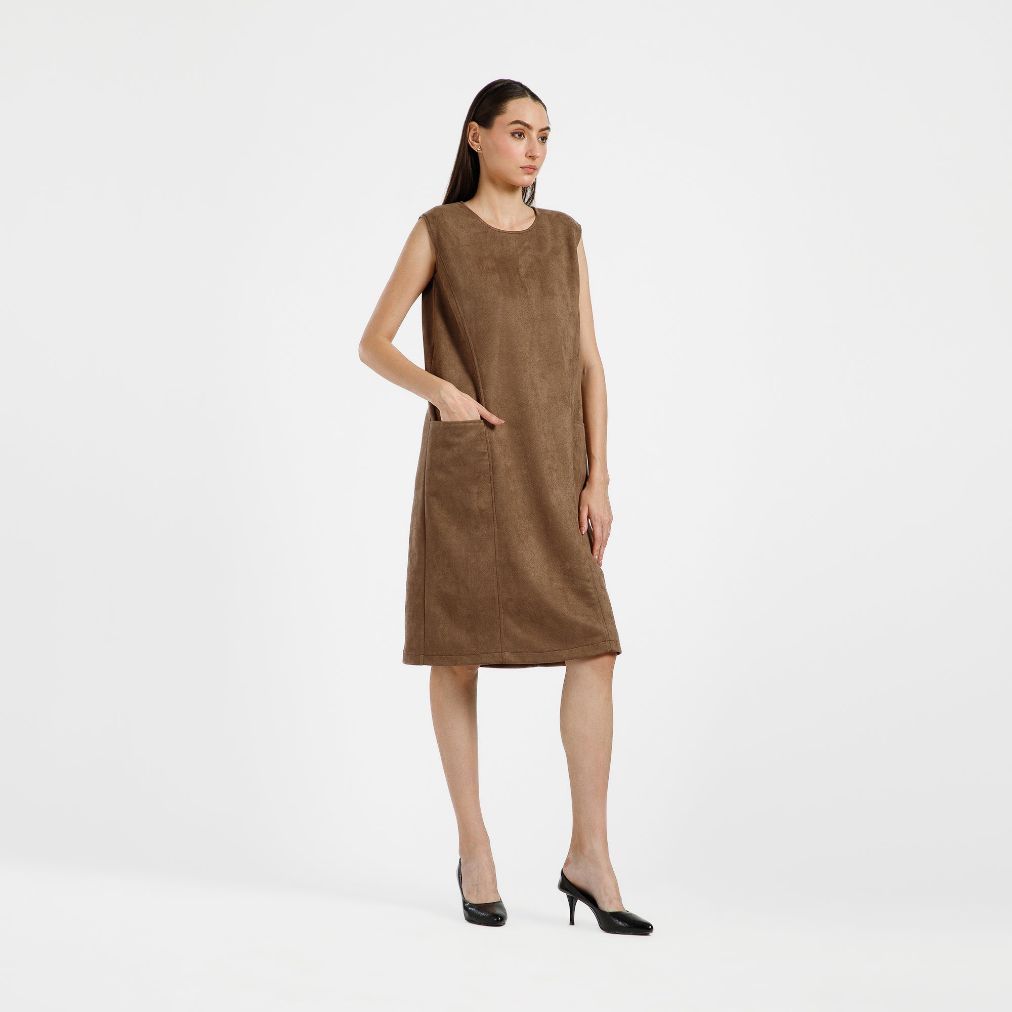Brown Suede Dress With Pocket Top Stitch With Pocket