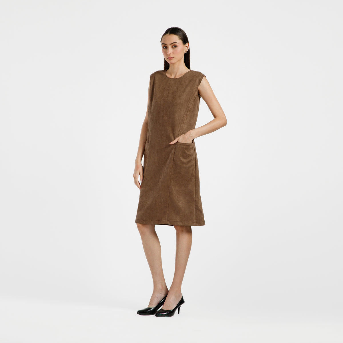 Brown Suede Dress With Pocket Top Stitch With Pocket