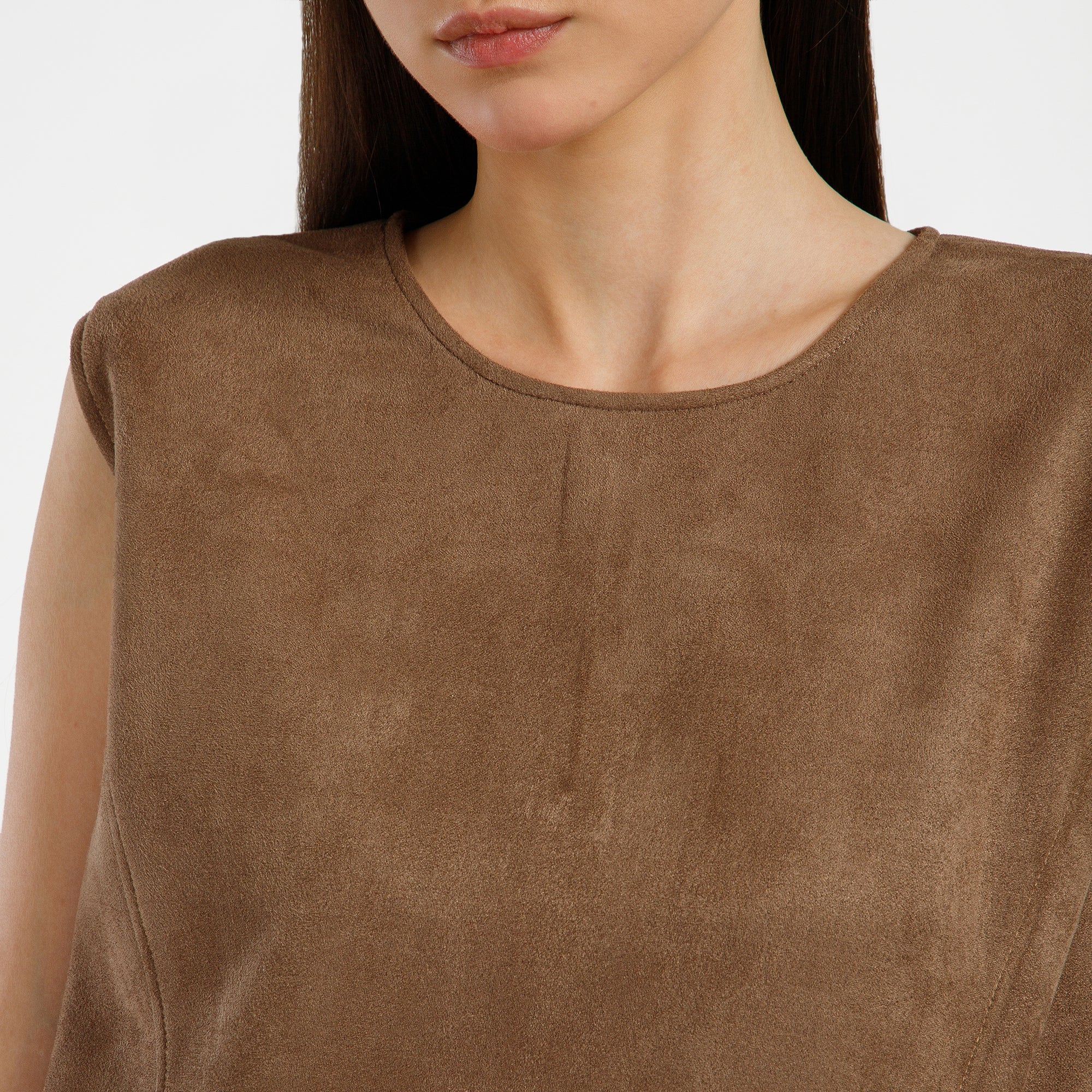 Brown Suede Dress With Pocket Top Stitch With Pocket