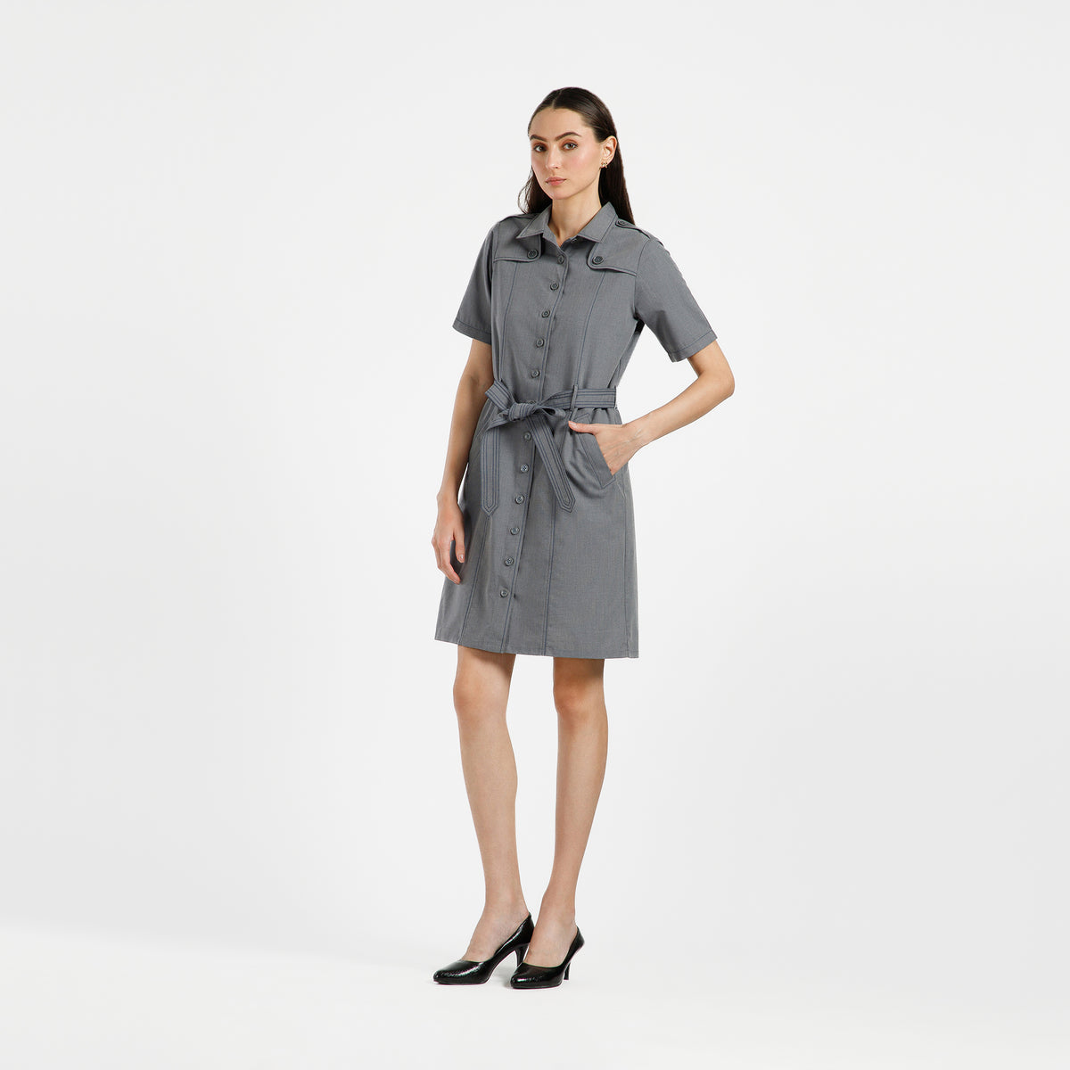 Grey Trench Coat With Navy Blue Top Stitch