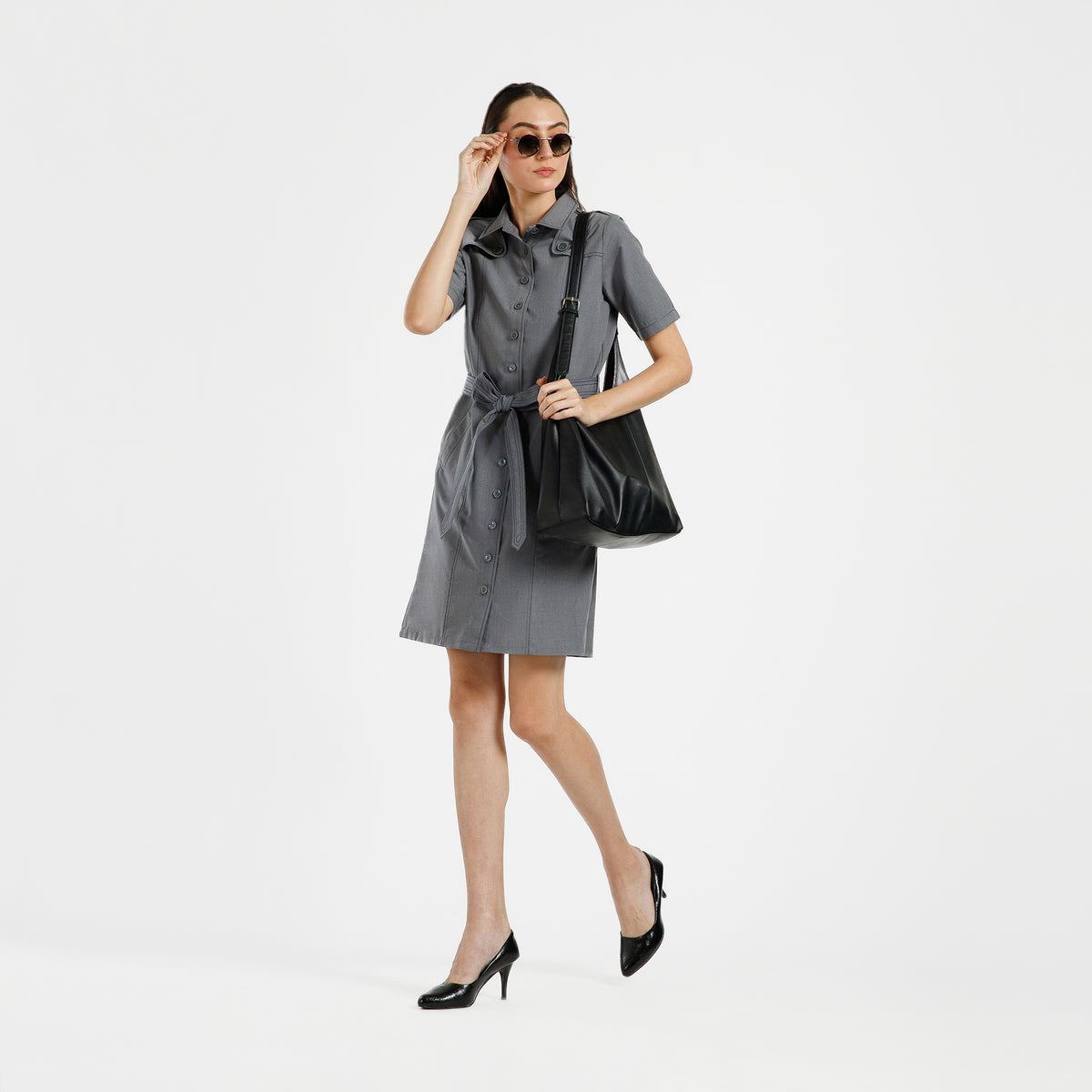 Grey Trench Coat With Navy Blue Top Stitch