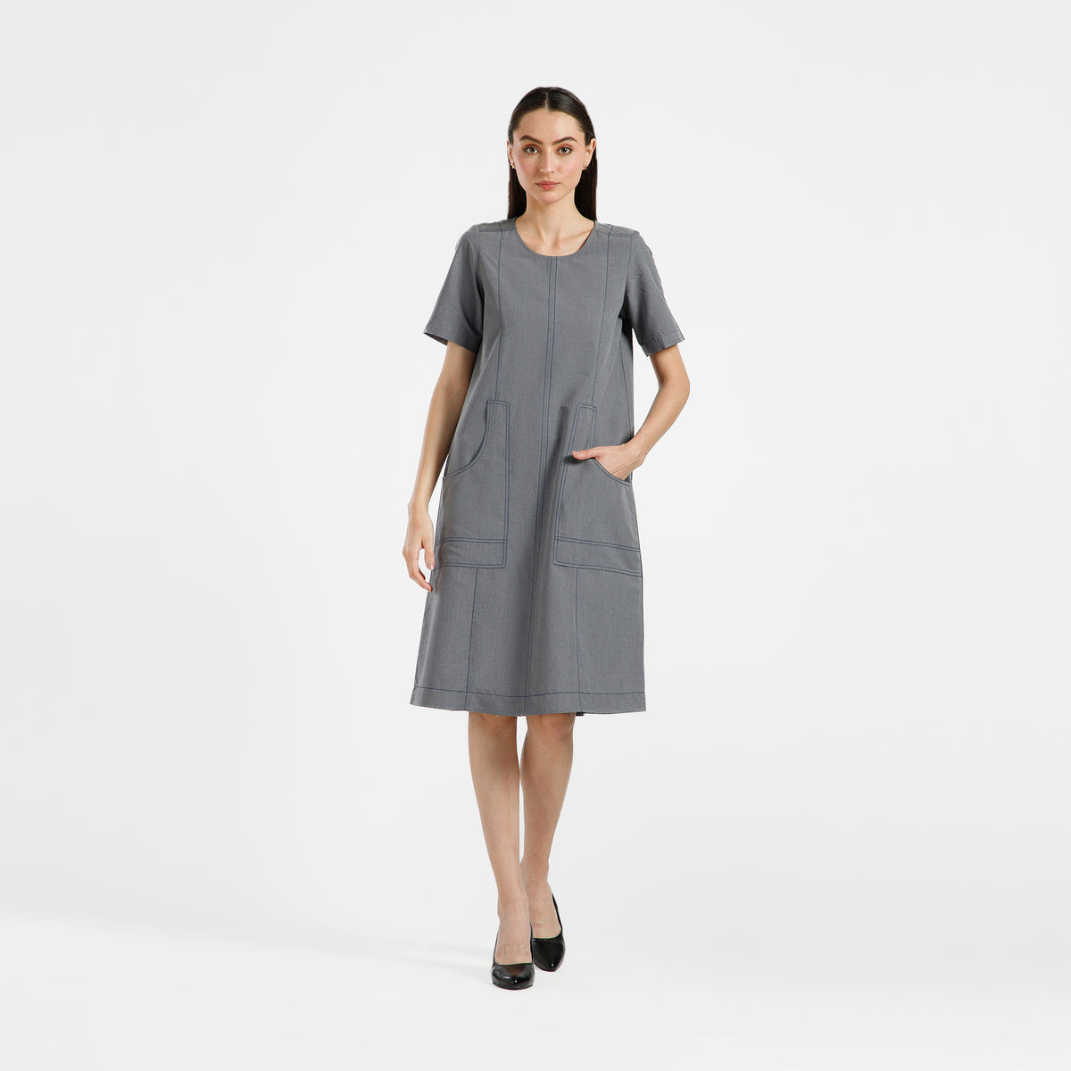 Grey Dress With Blue Top Stitch