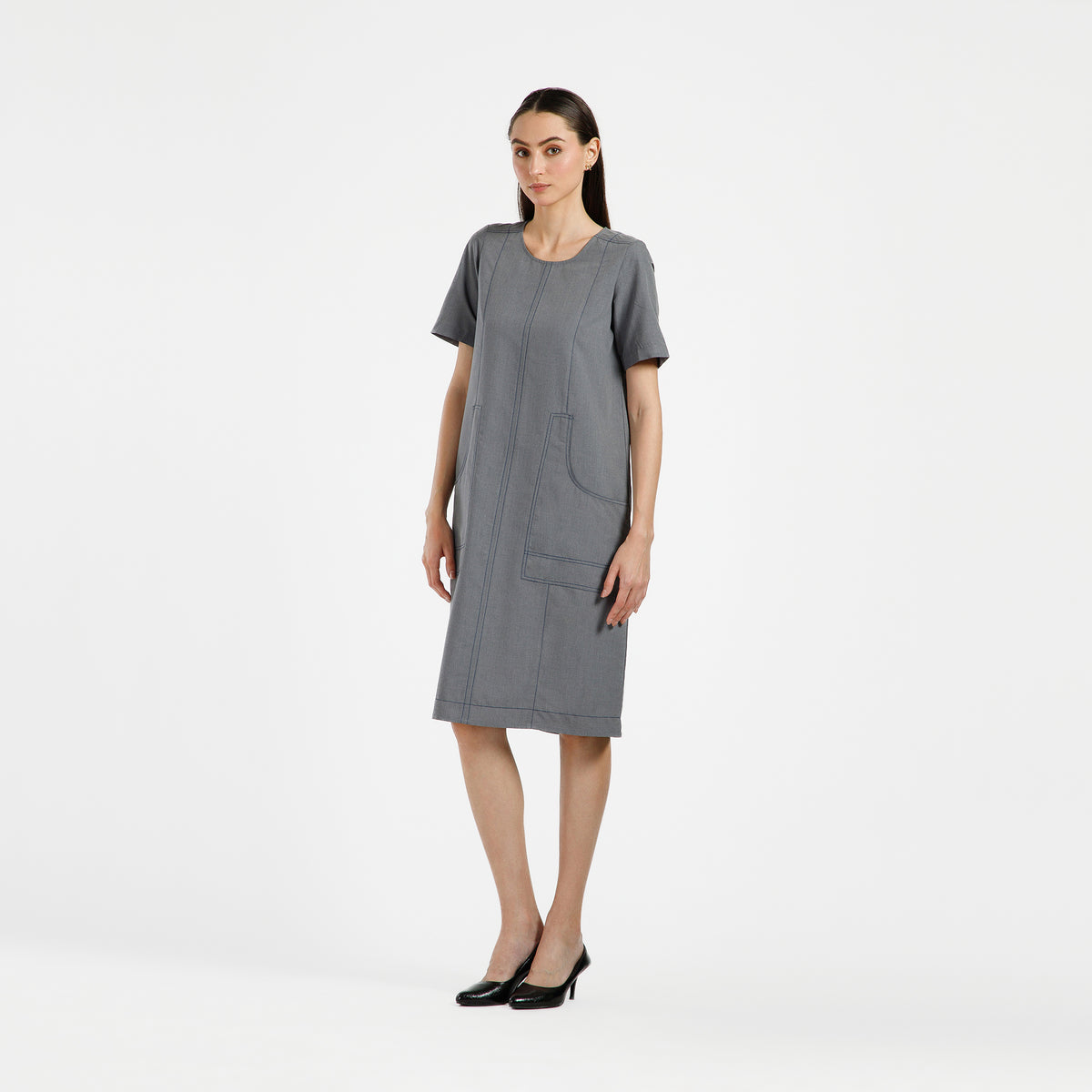 Grey Dress With Blue Top Stitch