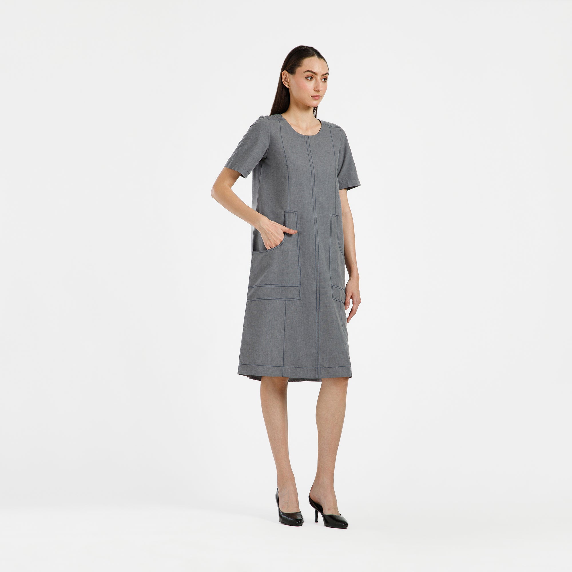 Grey Dress With Blue Top Stitch