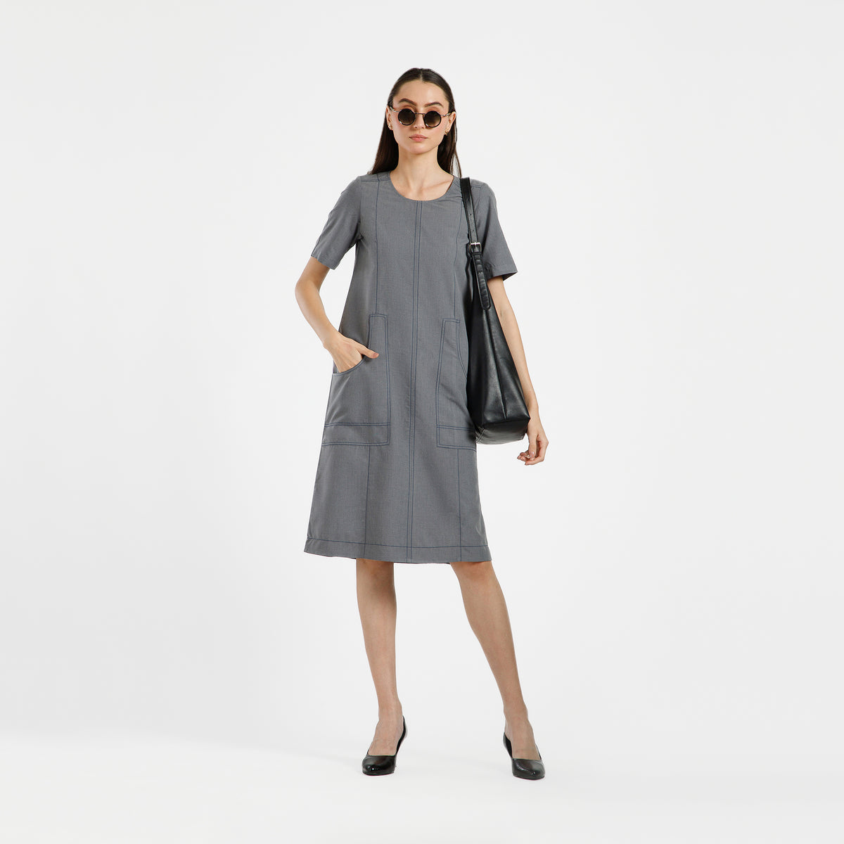 Grey Dress With Blue Top Stitch