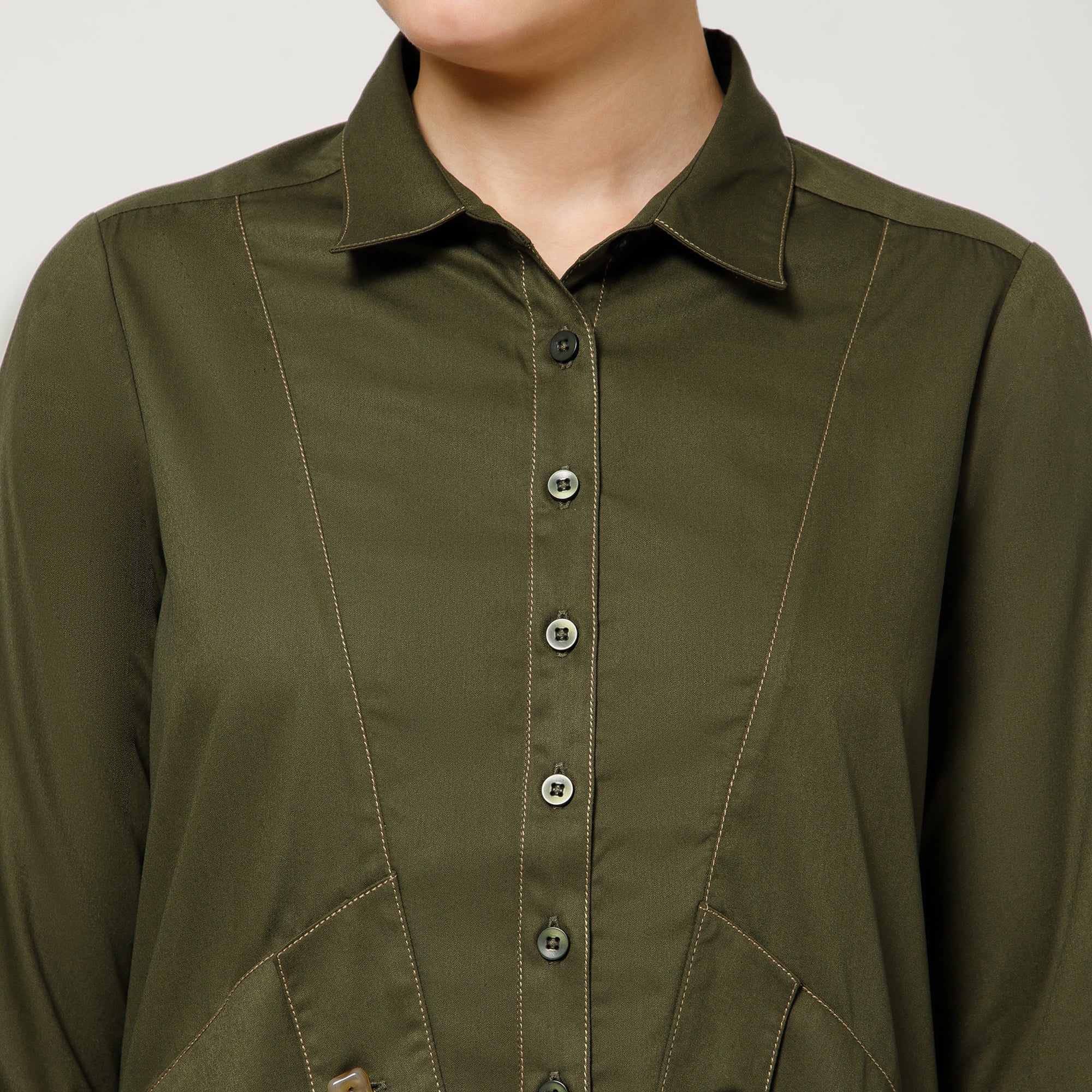 Olive Cotton Blend Kurta With Contrast Thread With Pocket