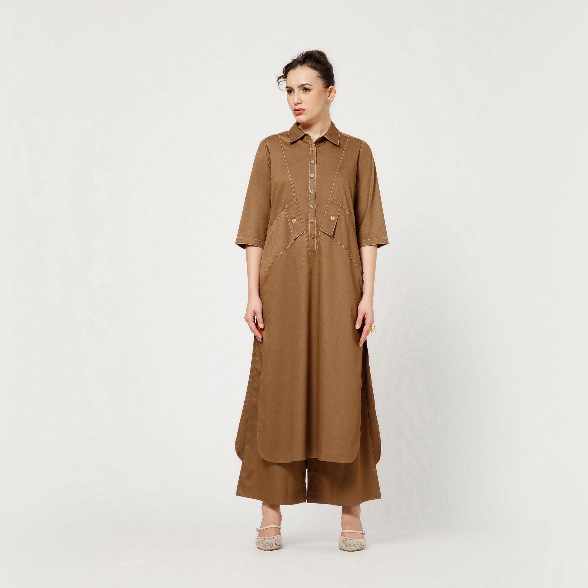 Brown Cotton Blend Kurta With Contrast Thread With Pocket