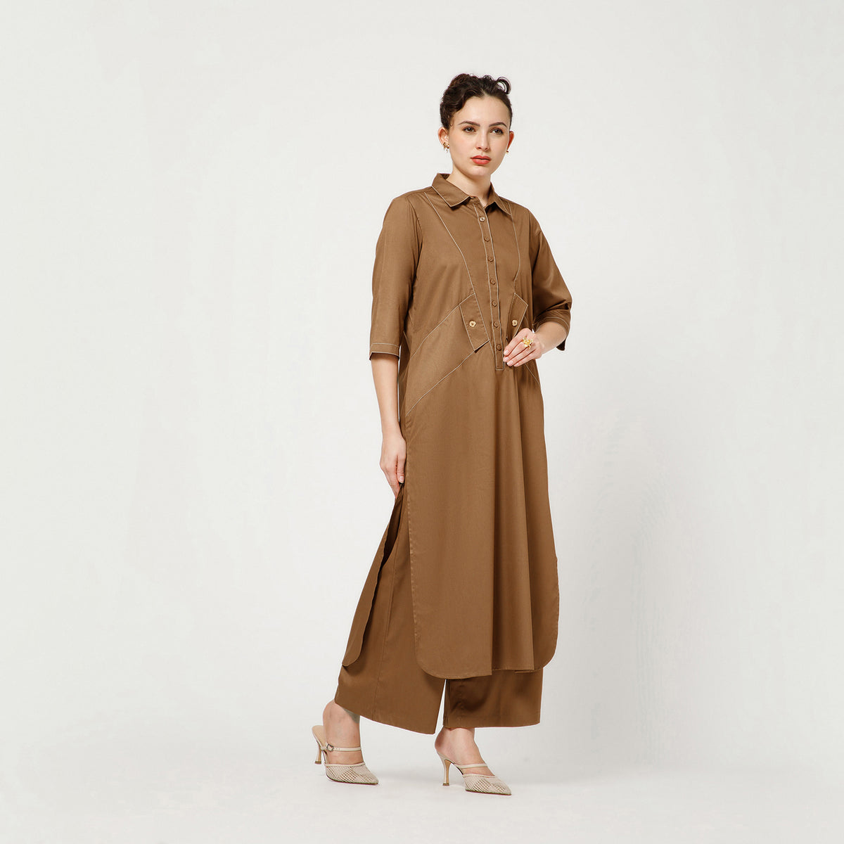 Brown Cotton Blend Kurta With Contrast Thread With Pocket