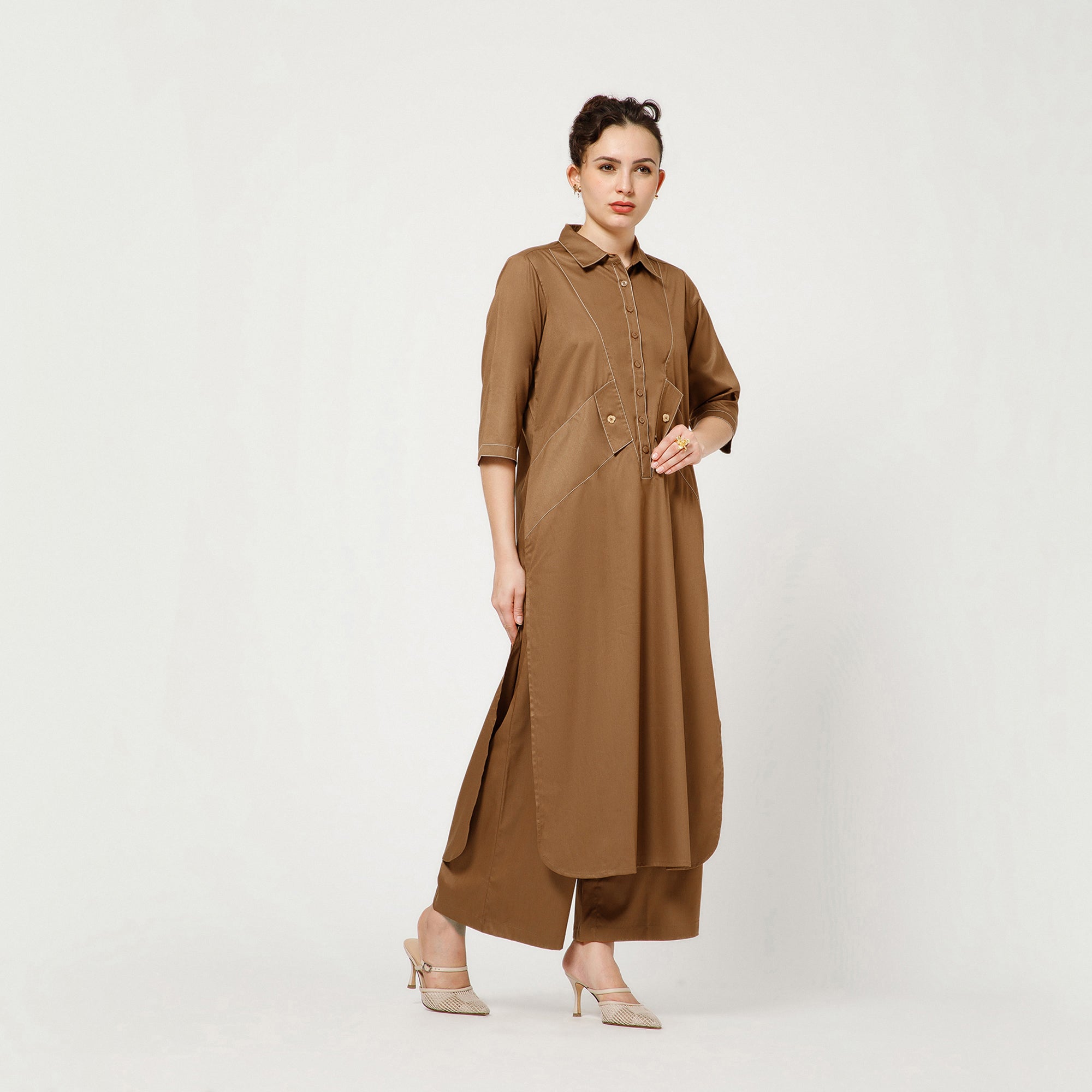Brown Cotton Blend Kurta With Contrast Thread With Pocket