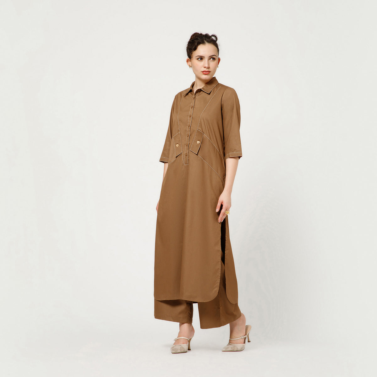 Brown Cotton Blend Kurta With Contrast Thread With Pocket