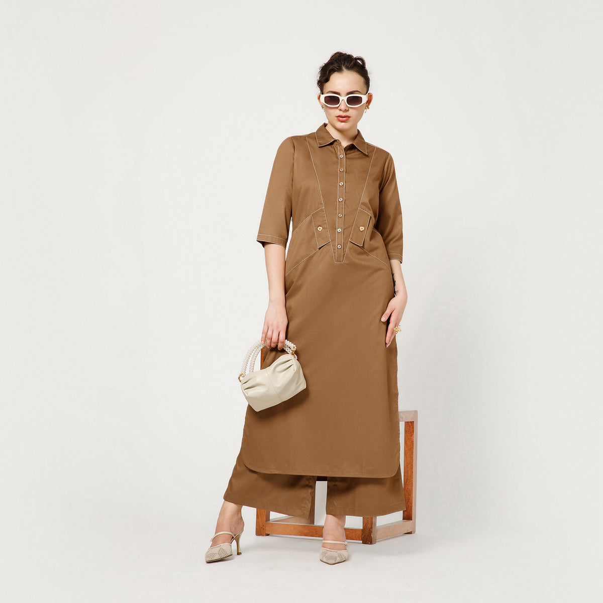 Brown Cotton Blend Kurta With Contrast Thread With Pocket