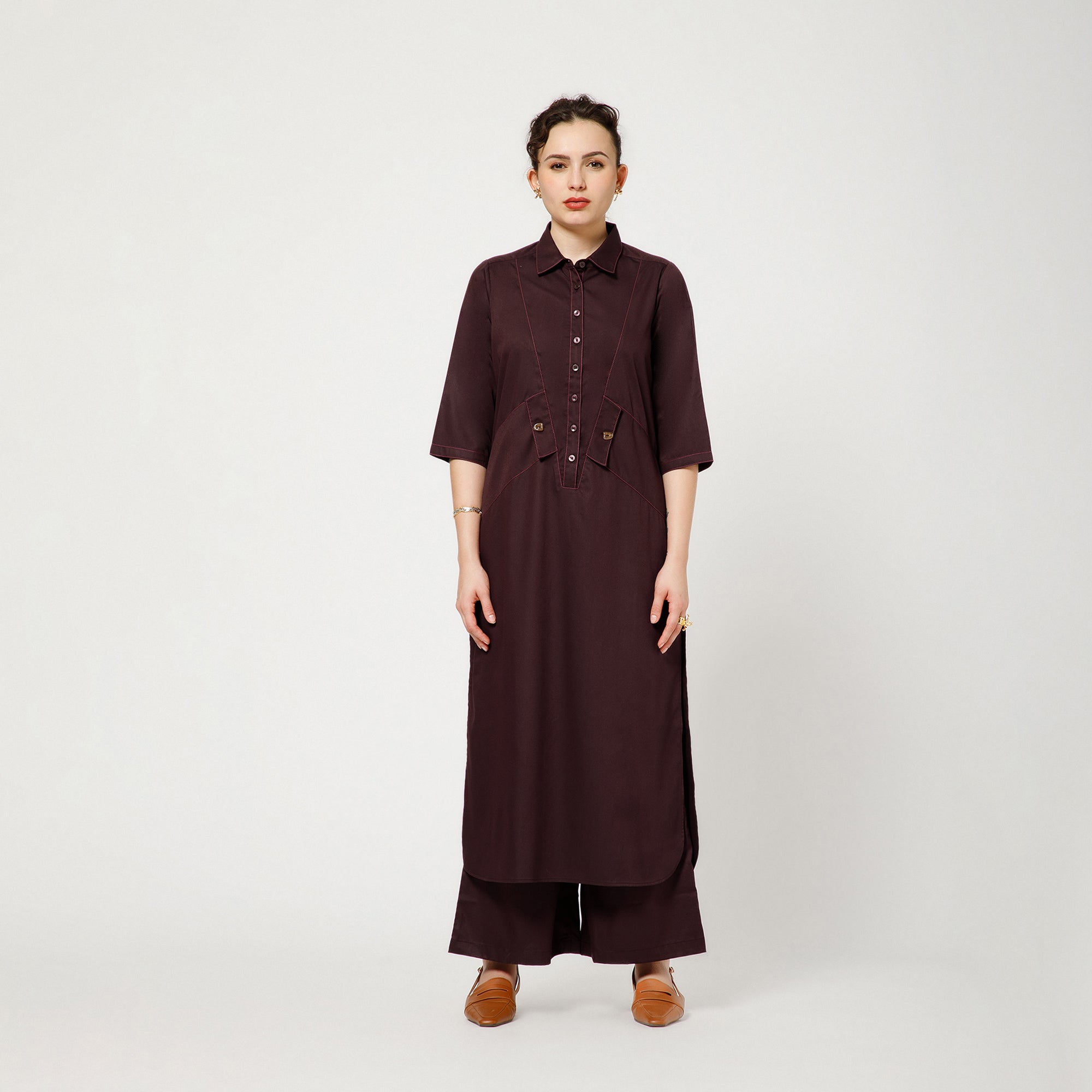 Prune Cotton Blend Kurta With Contrast Thread With Pocket