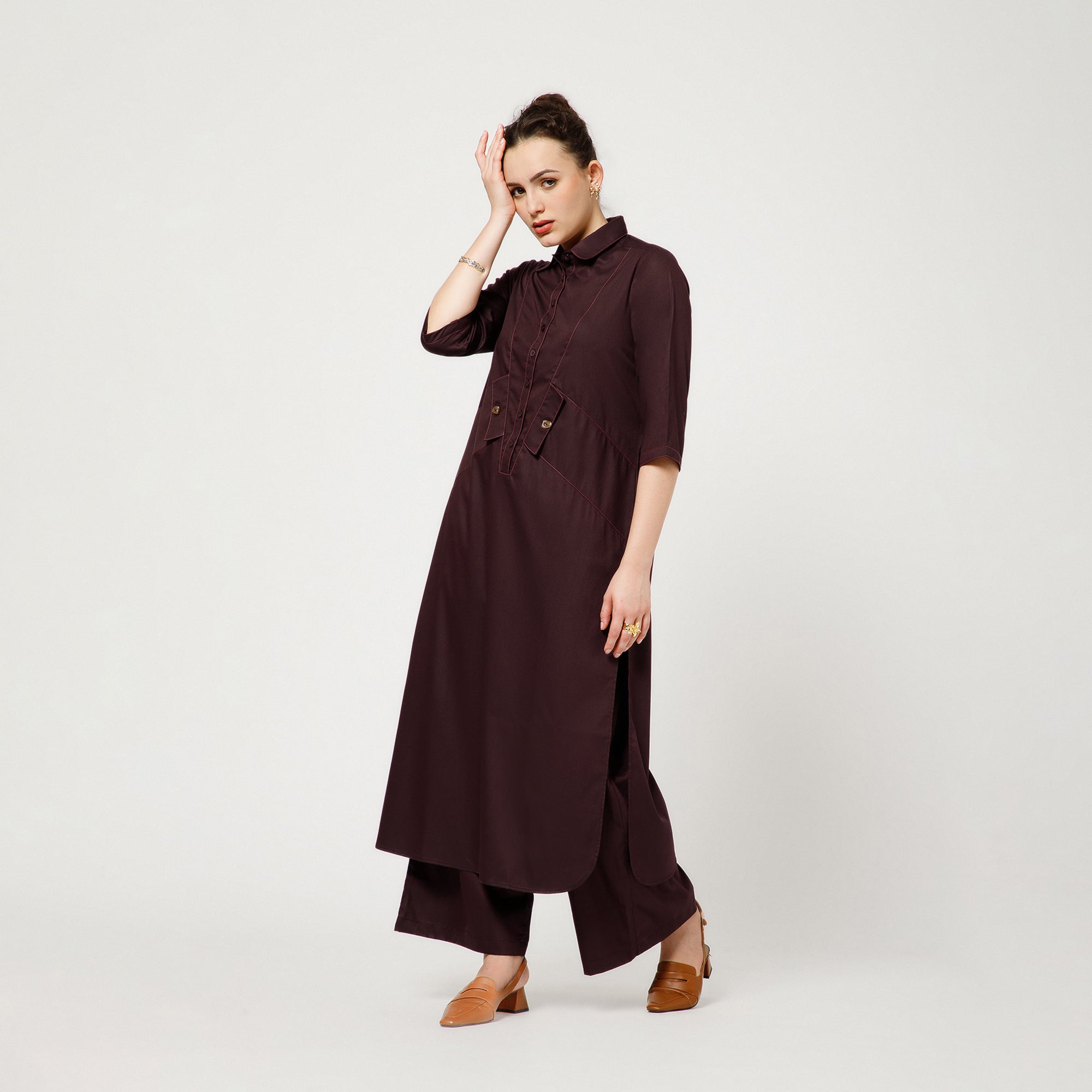 Prune Cotton Blend Kurta With Contrast Thread With Pocket