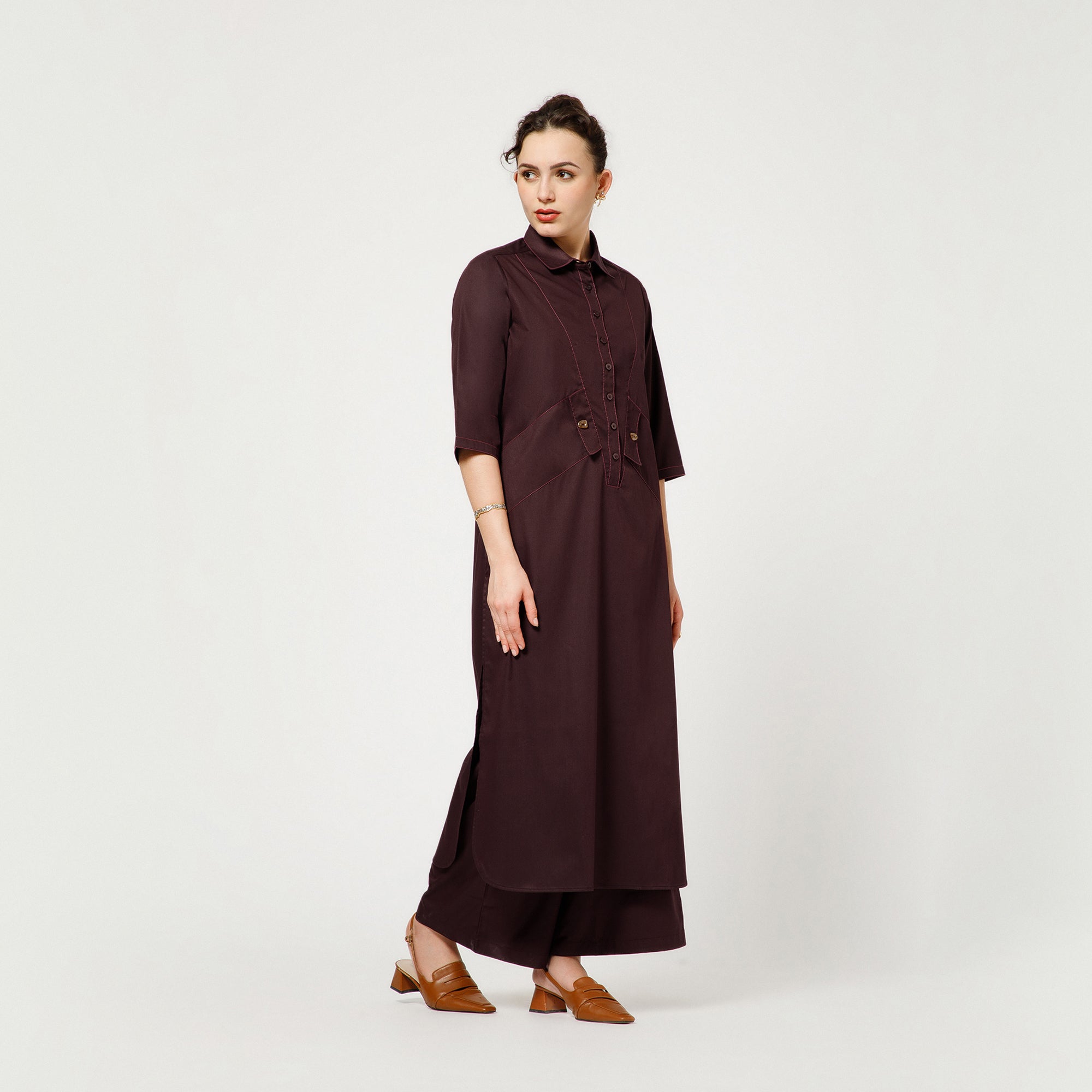 Prune Cotton Blend Kurta With Contrast Thread With Pocket