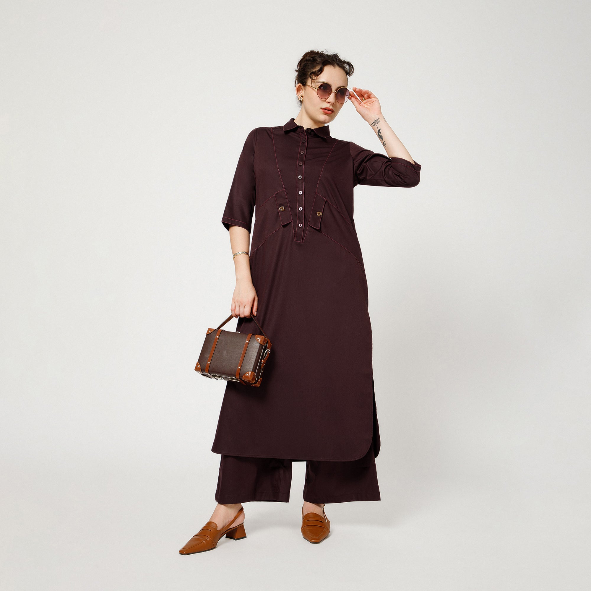 Prune Cotton Blend Kurta With Contrast Thread With Pocket