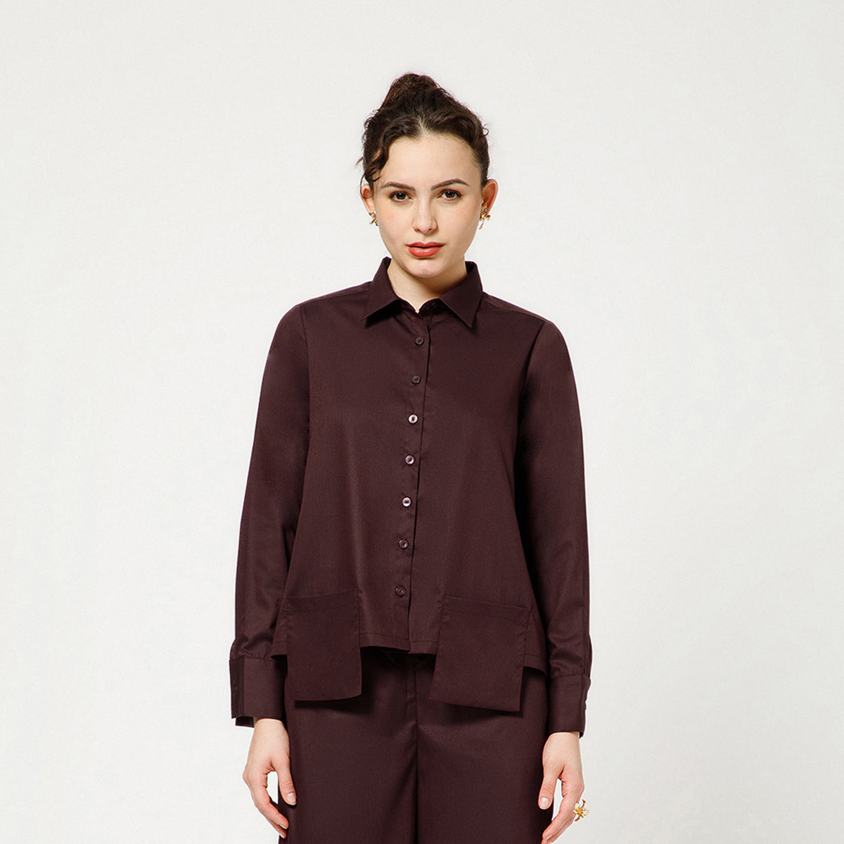 Prune Cotton Blend Boxy Shirt With Visible Pocket