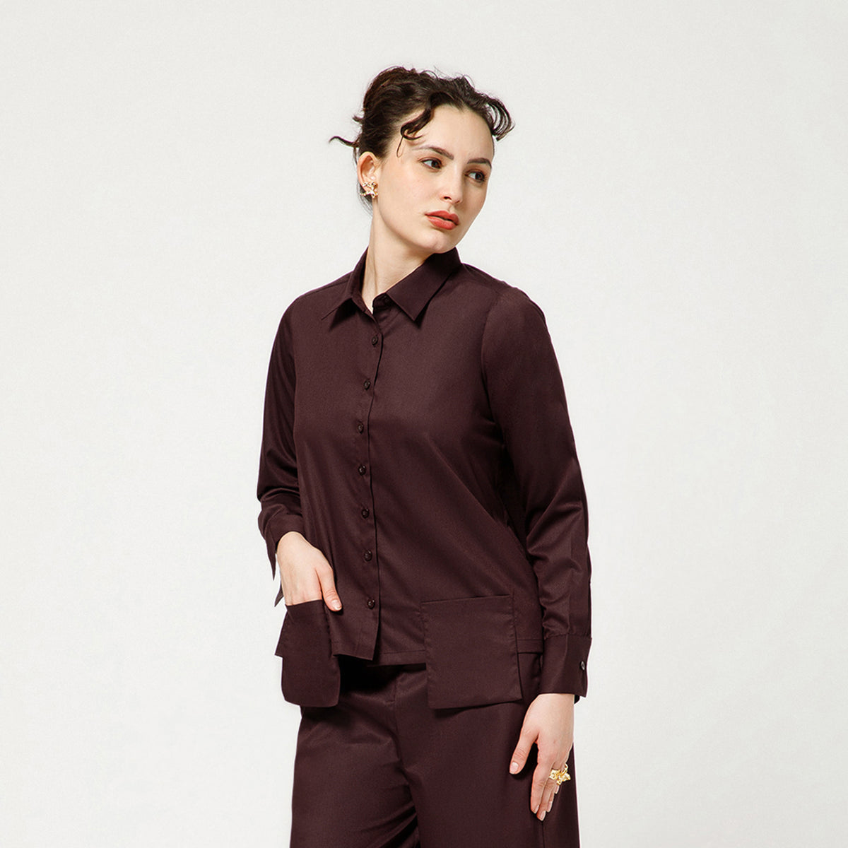 Prune Cotton Blend Boxy Shirt With Visible Pocket