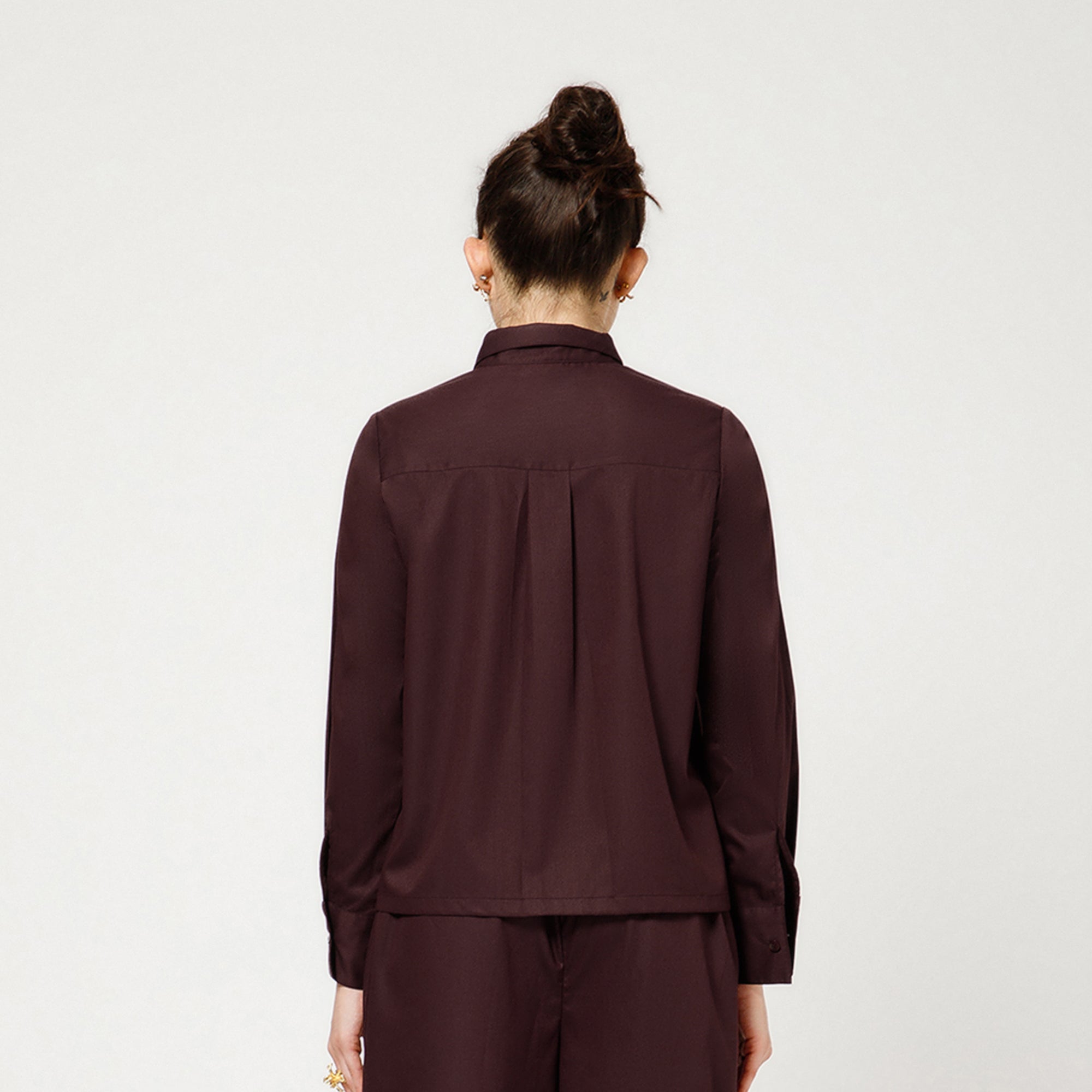 Prune Cotton Blend Boxy Shirt With Visible Pocket
