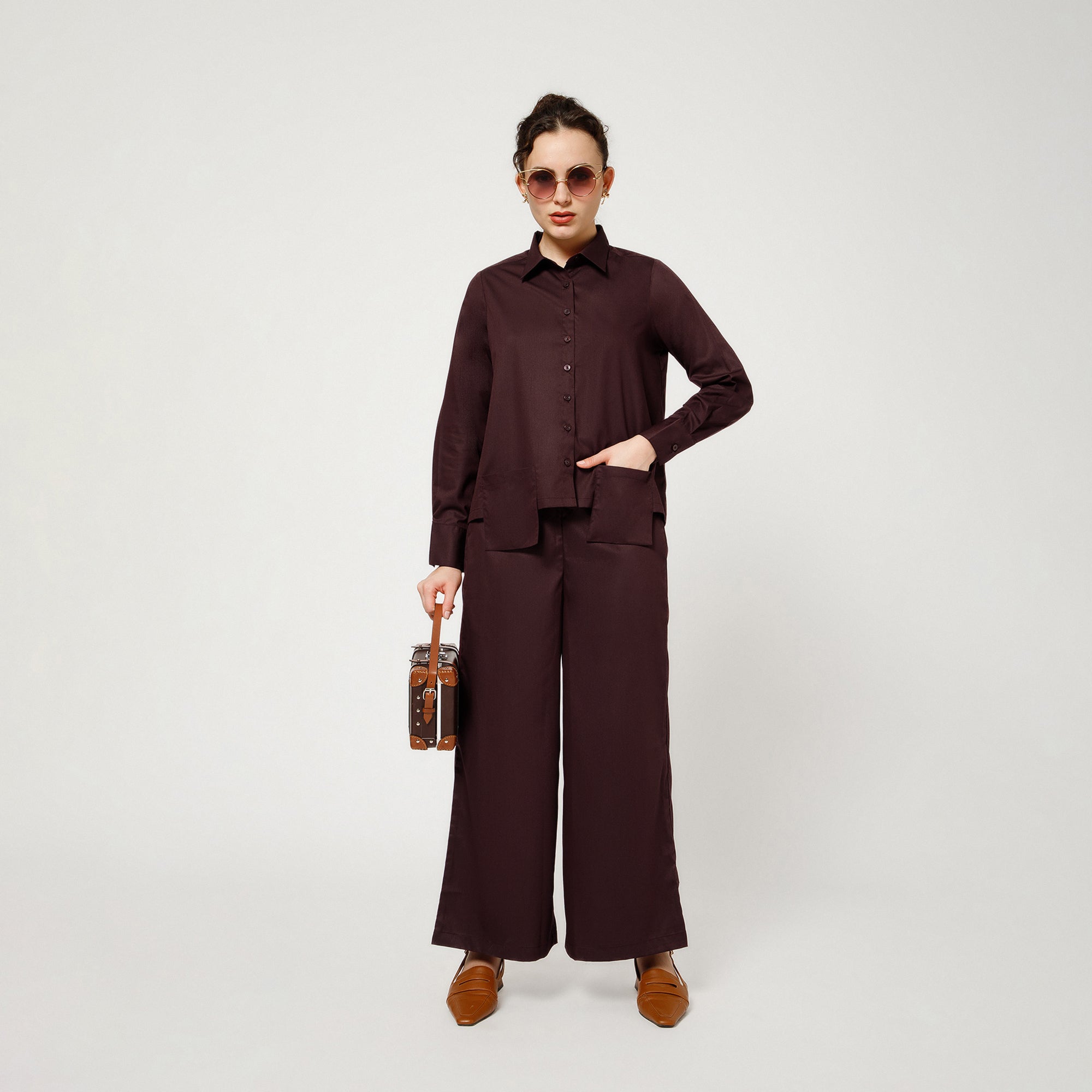 Prune Cotton Blend Boxy Shirt With Visible Pocket