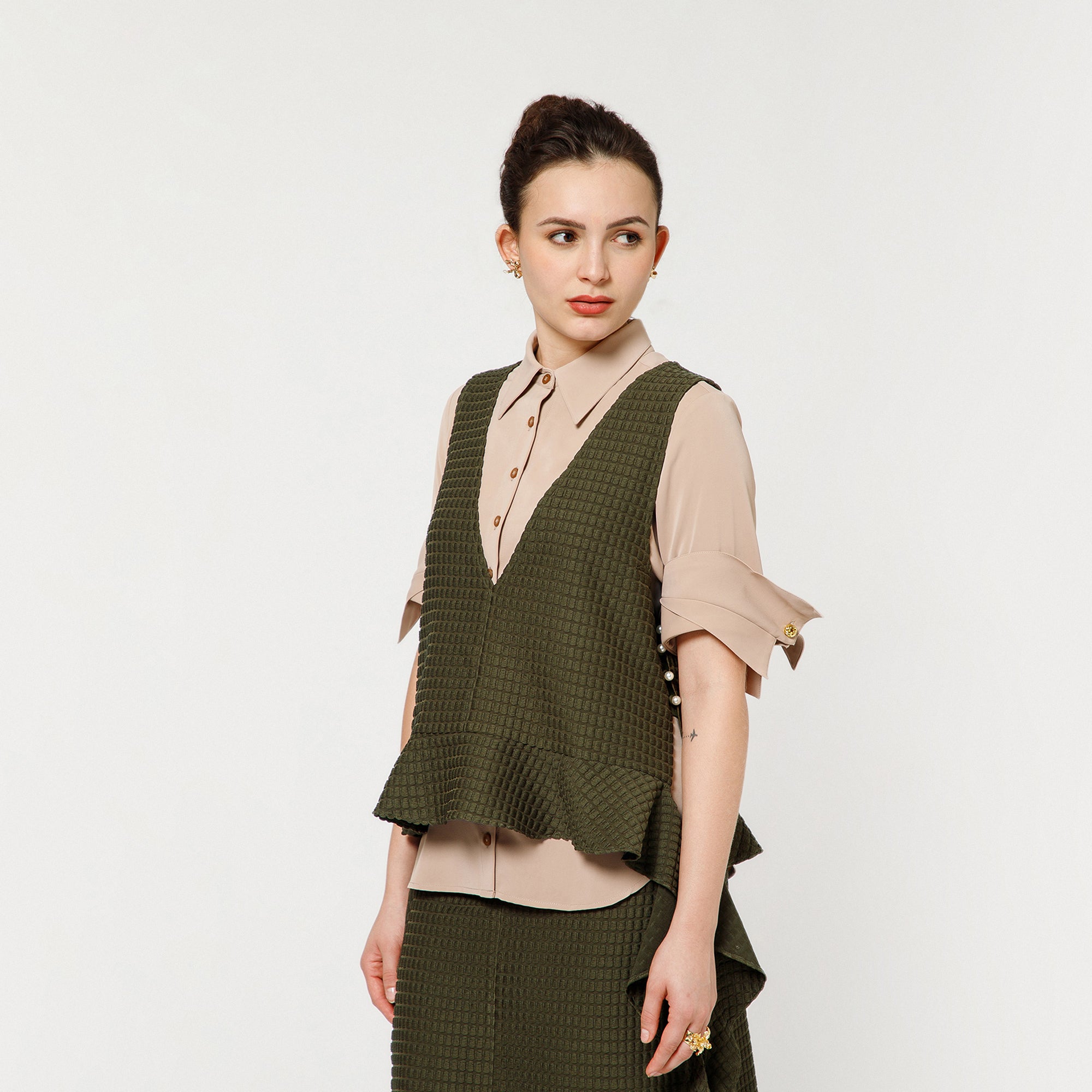 Olive Textured Shrug With Beige Shirt And Dramatic Cufflink