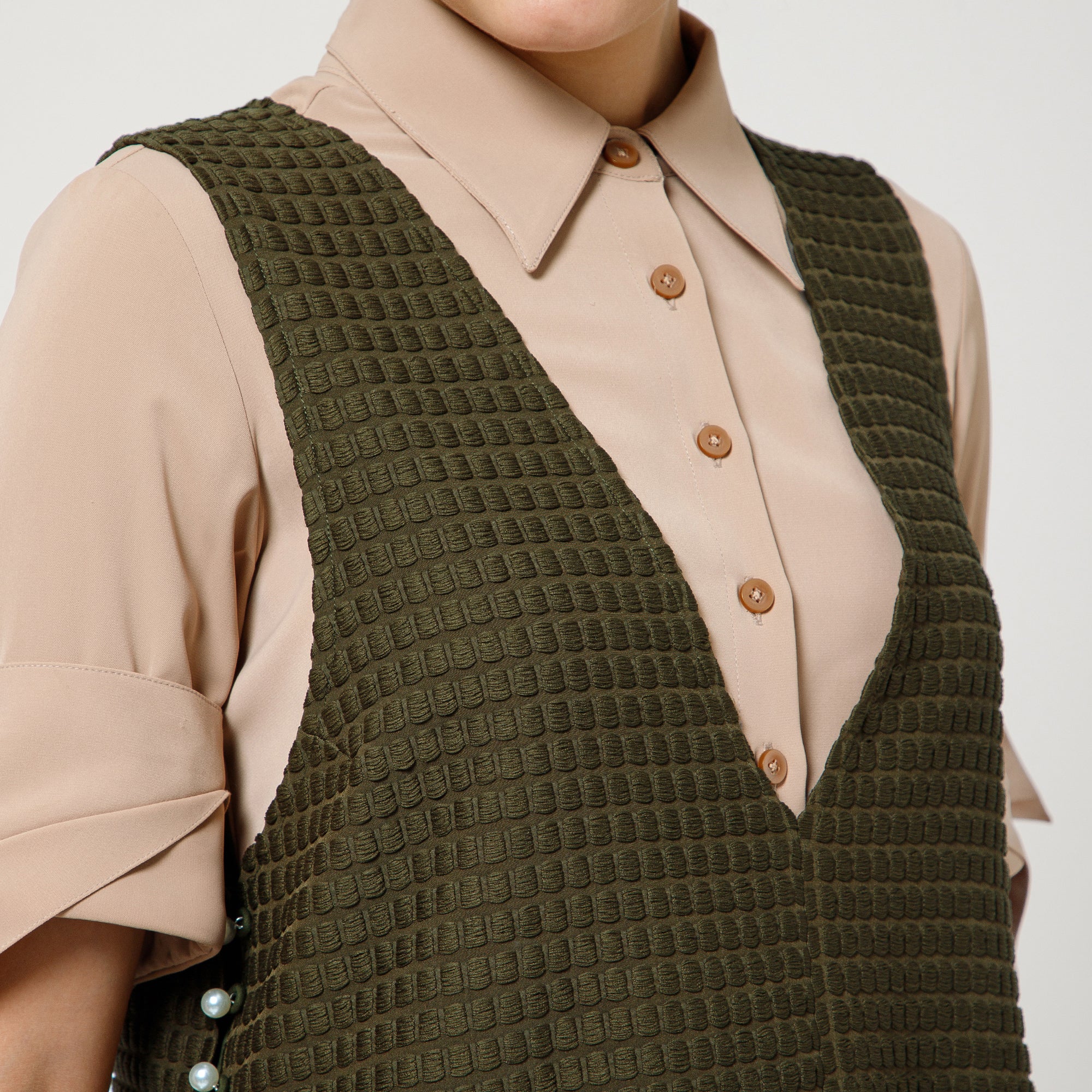 Olive Textured Shrug With Beige Shirt And Dramatic Cufflink