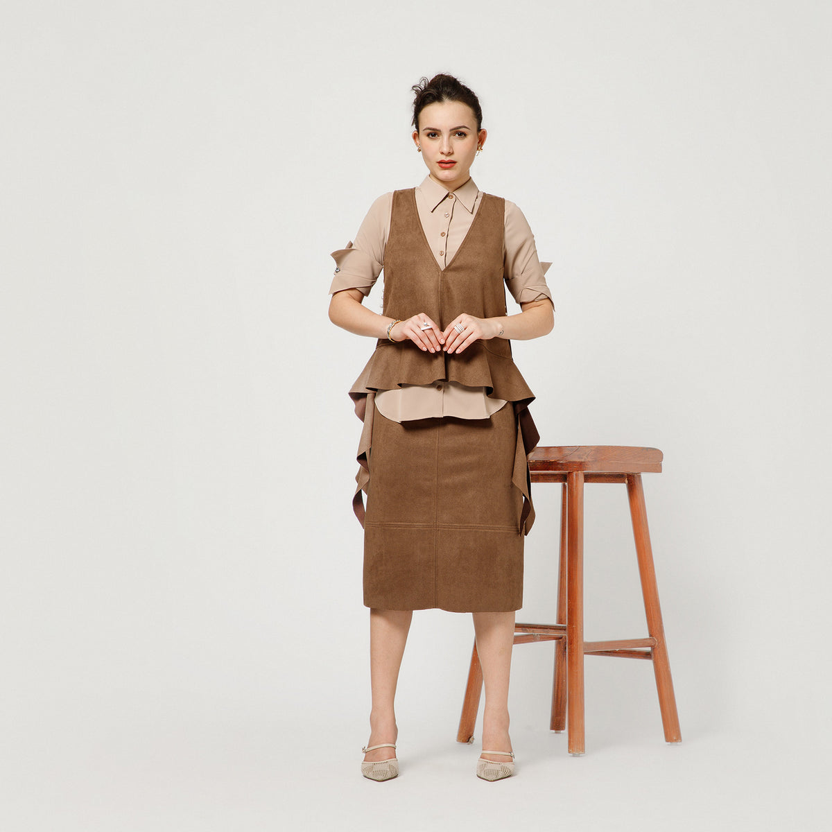 Brown Suede Shrugs With Beige Crepe Shirt And Dramatic Cufflink