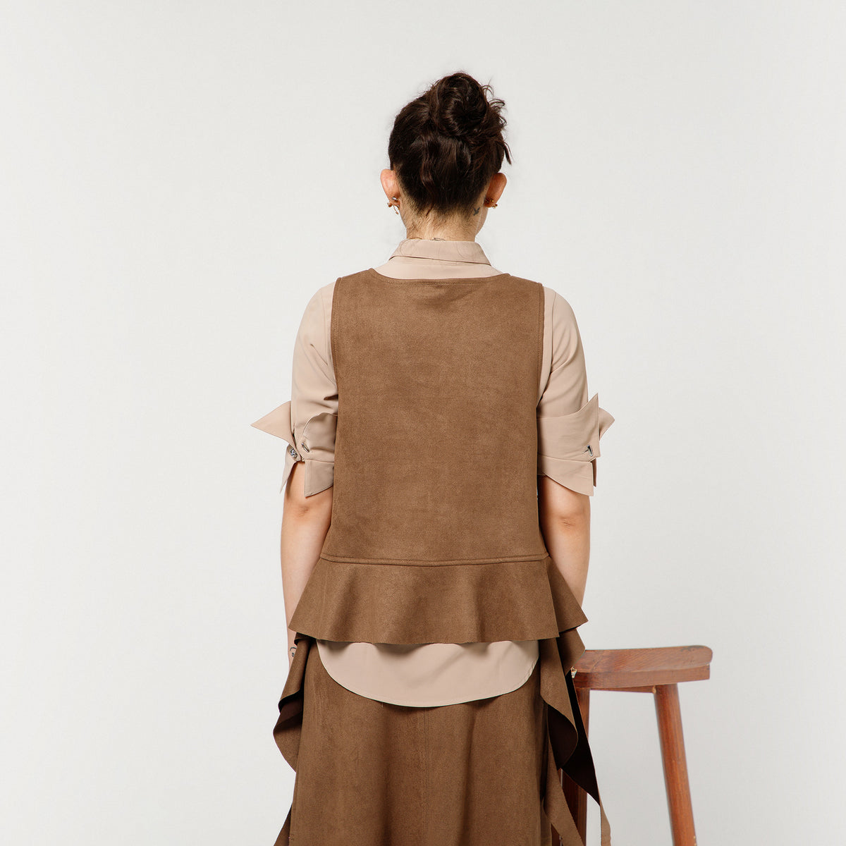 Brown Suede Shrugs With Beige Crepe Shirt And Dramatic Cufflink