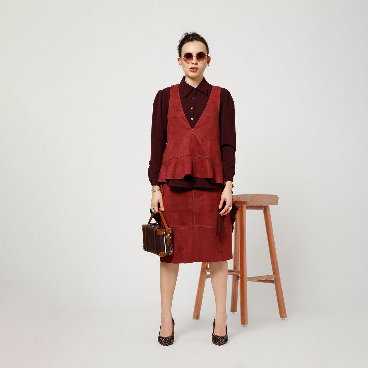 Wine Suede Shrugs With Prune Crepe Shirt
